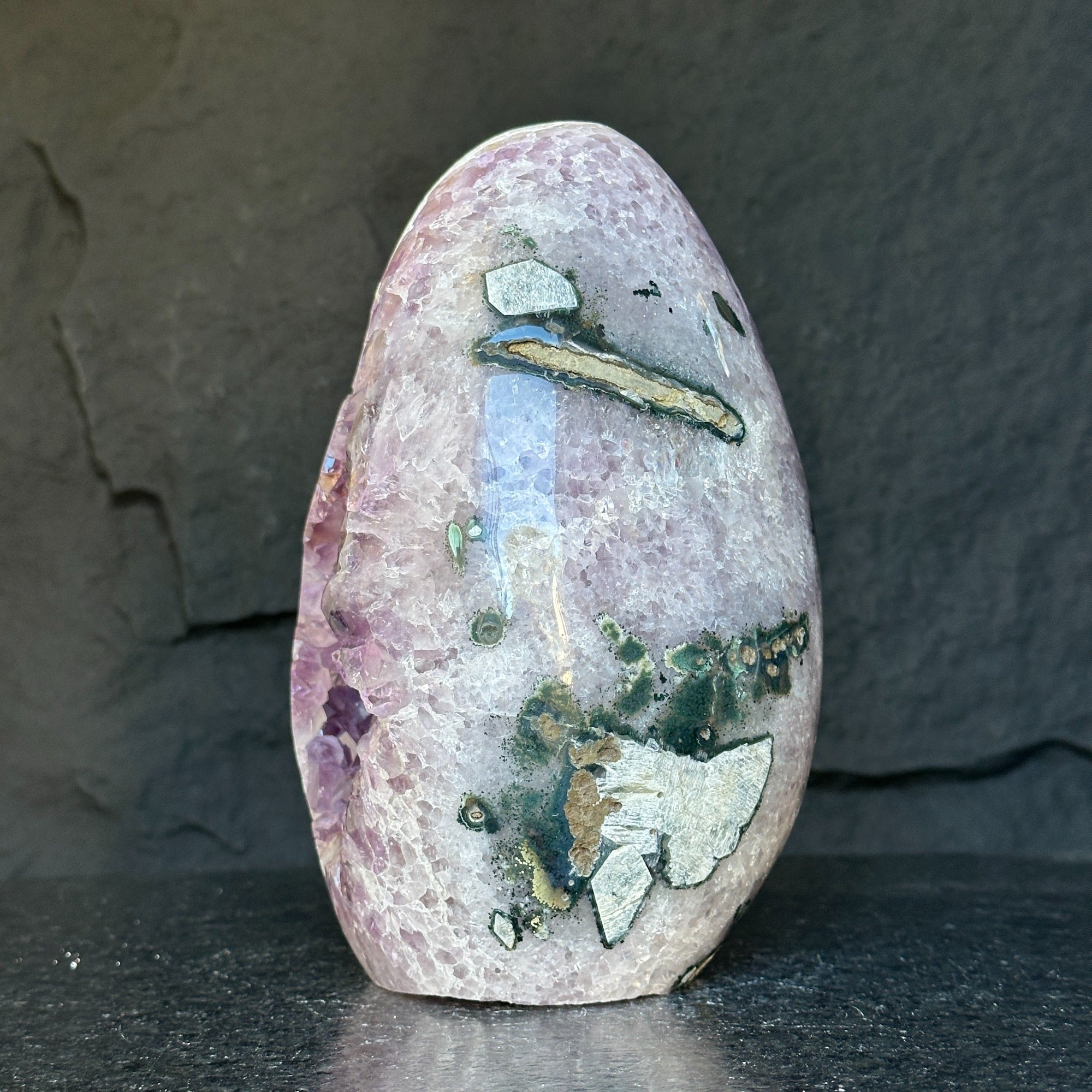 Amethyst Geode Crystal Egg with incredible Agate formations, Natural cave shaped polished agate stone