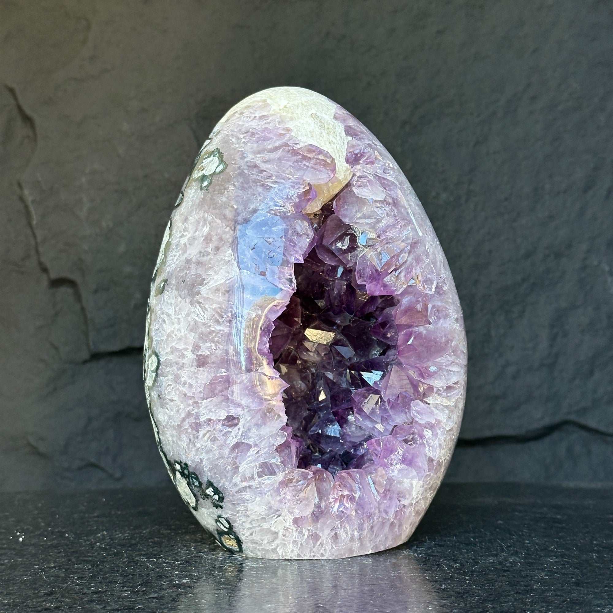 Amethyst Geode Crystal Egg with incredible Agate formations, Natural cave shaped polished agate stone
