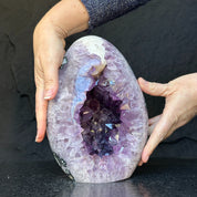 Amethyst Geode Crystal Egg with incredible Agate formations, Natural cave shaped polished agate stone