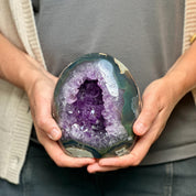 Amethyst Geode Crystal Egg with incredible Agate formations, Natural cave shaped polished agate stone