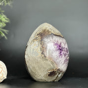 Amethyst Geode Crystal Egg with incredible Agate formations, Natural cave shaped polished agate stone