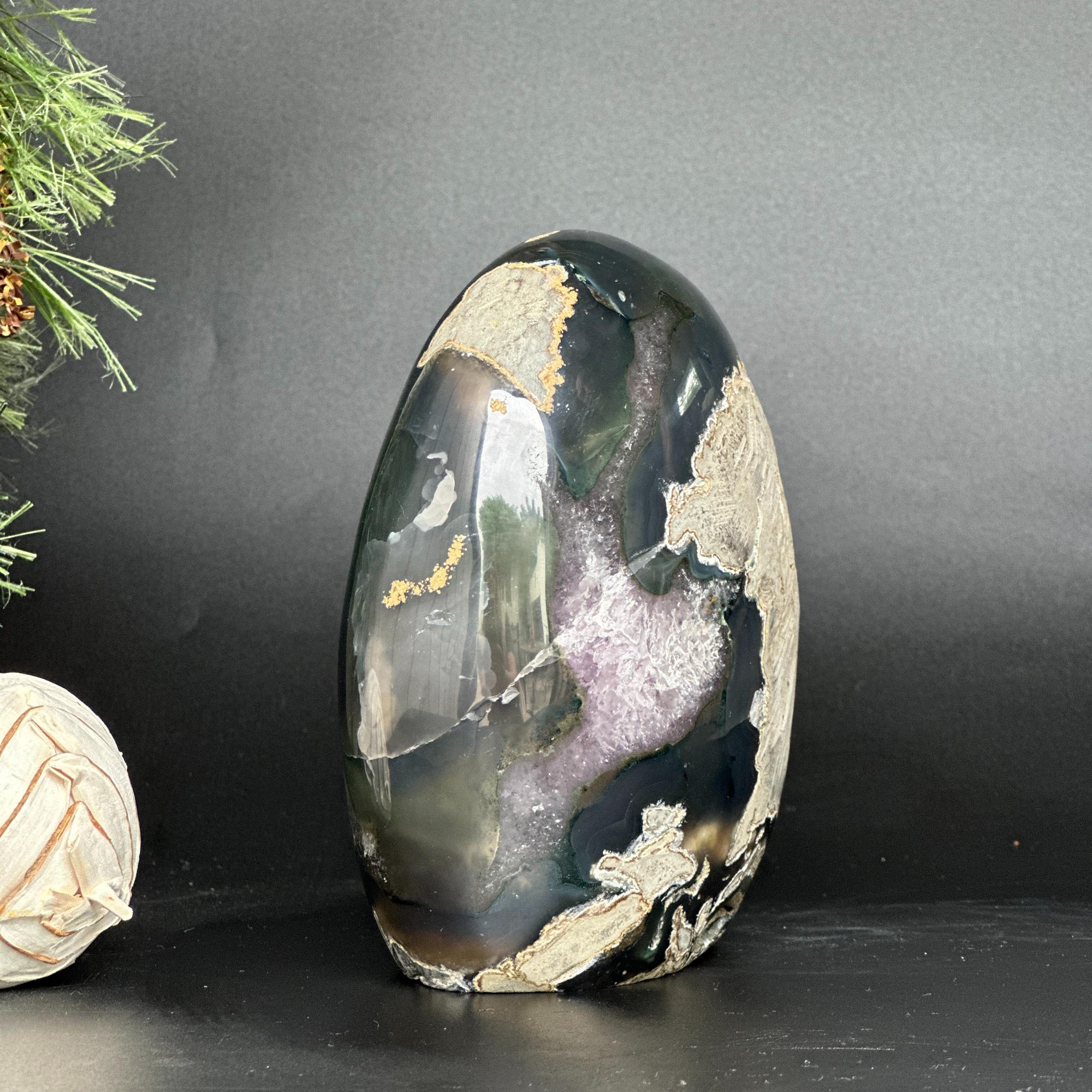 Amethyst Geode Crystal Egg with incredible Agate formations, Natural cave shaped polished agate stone