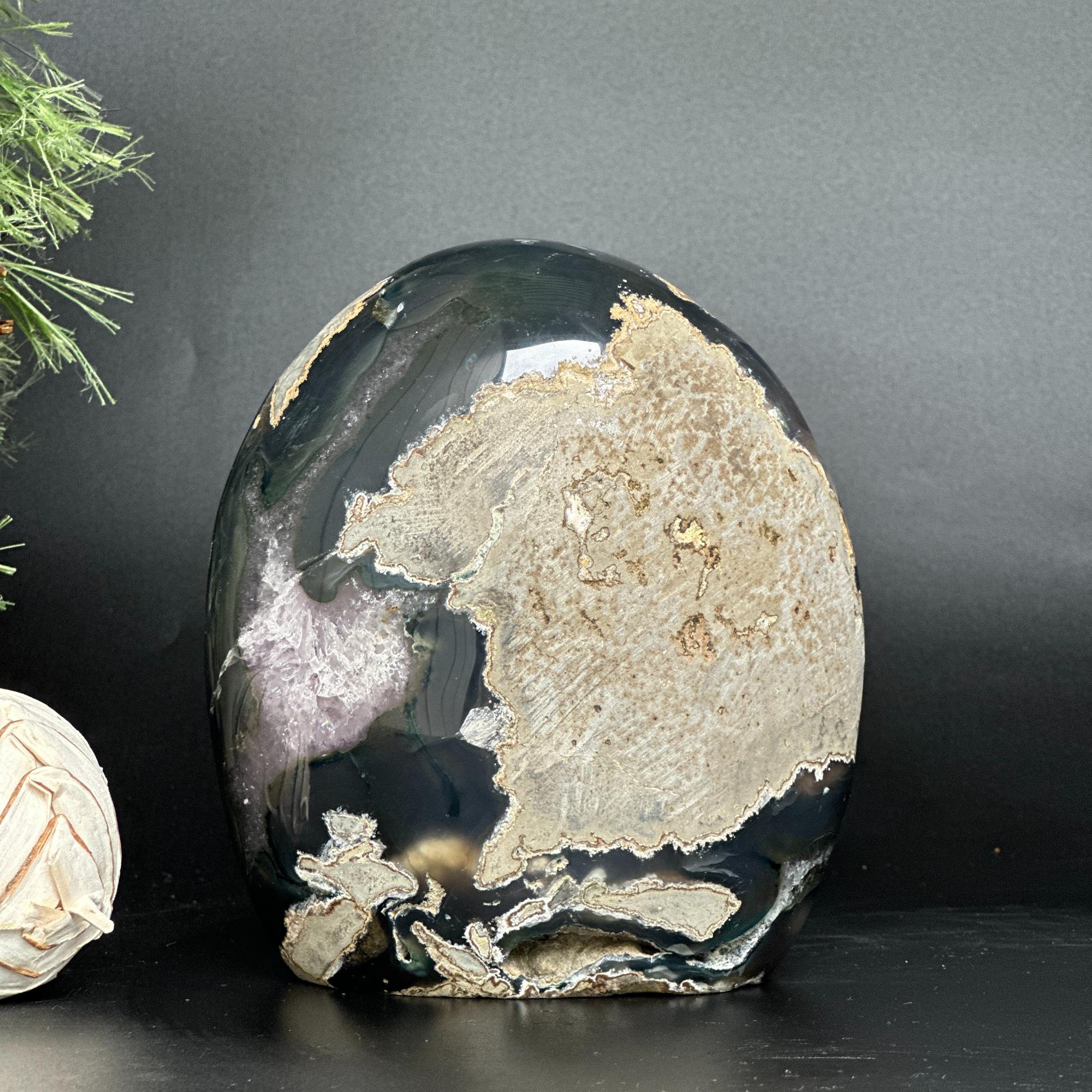 Amethyst Geode Crystal Egg with incredible Agate formations, Natural cave shaped polished agate stone