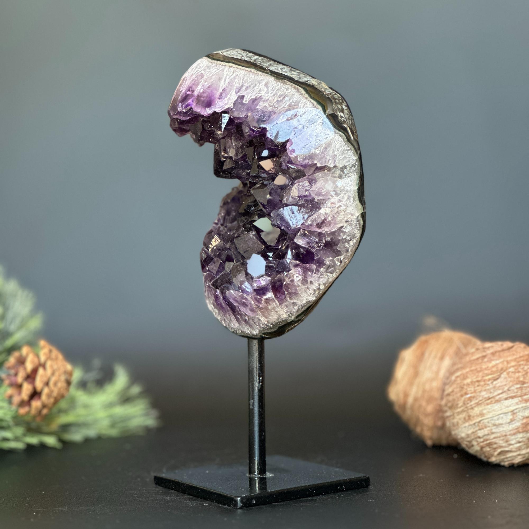 Large Amethyst Geode Crystal, Deep Purple Amethyst on modern stand