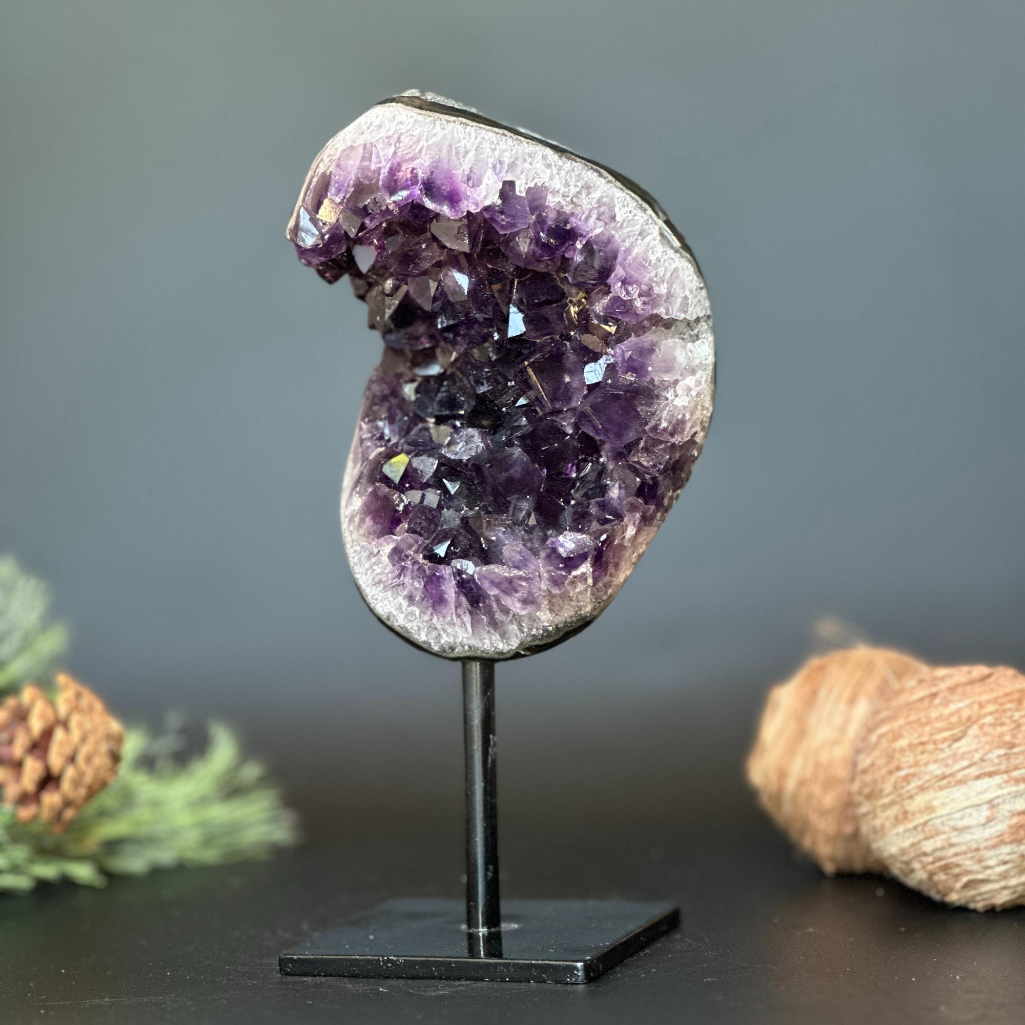 Large Amethyst Geode Crystal, Deep Purple Amethyst on modern stand