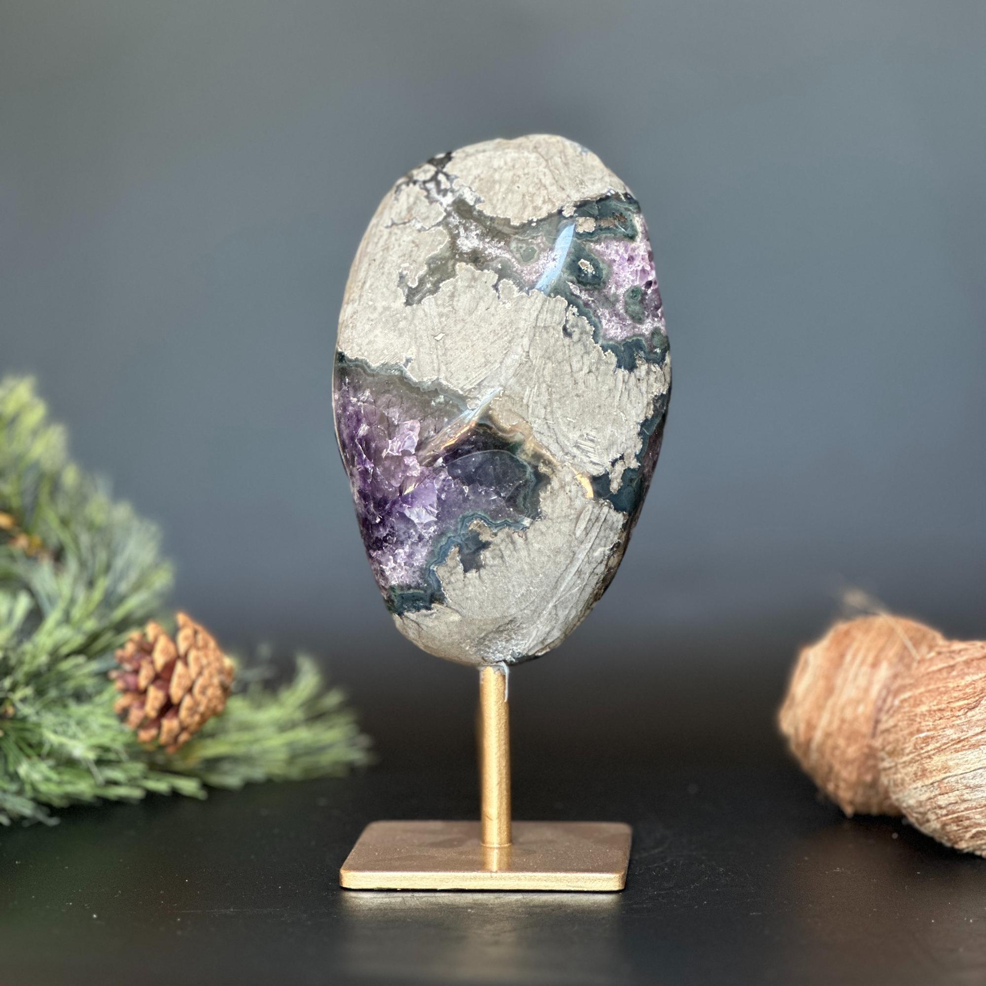 Amethyst Crystal Decor Piece, Galaxy Amethyst with metallic base included, Amethyst crystal for home decoration