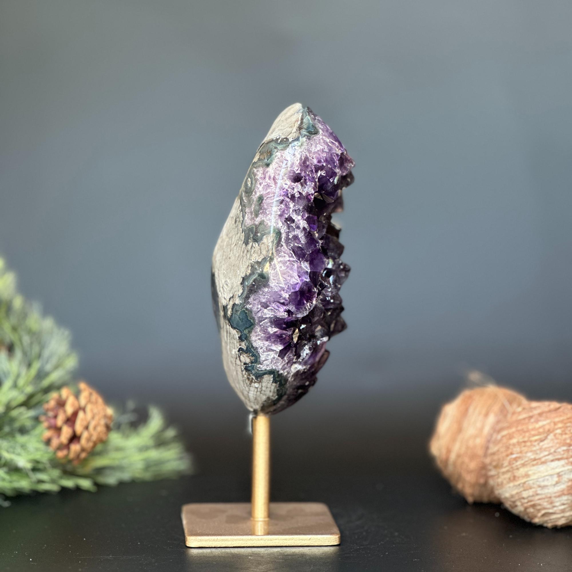 Amethyst Crystal Decor Piece, Galaxy Amethyst with metallic base included, Amethyst crystal for home decoration