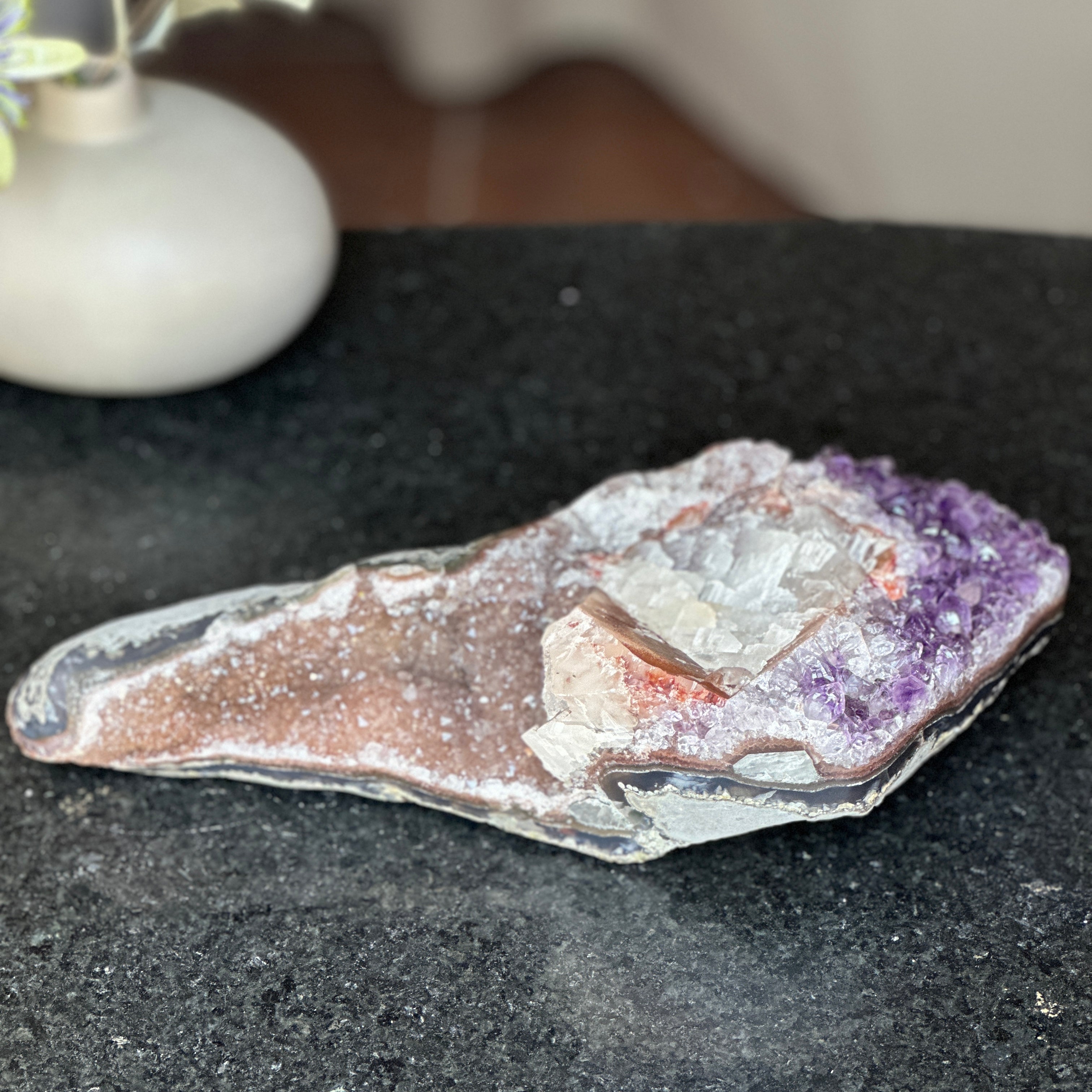Amethsyt centerpiece, Unique shaped geode for tabletop decor, natural crystal stone with agate formations