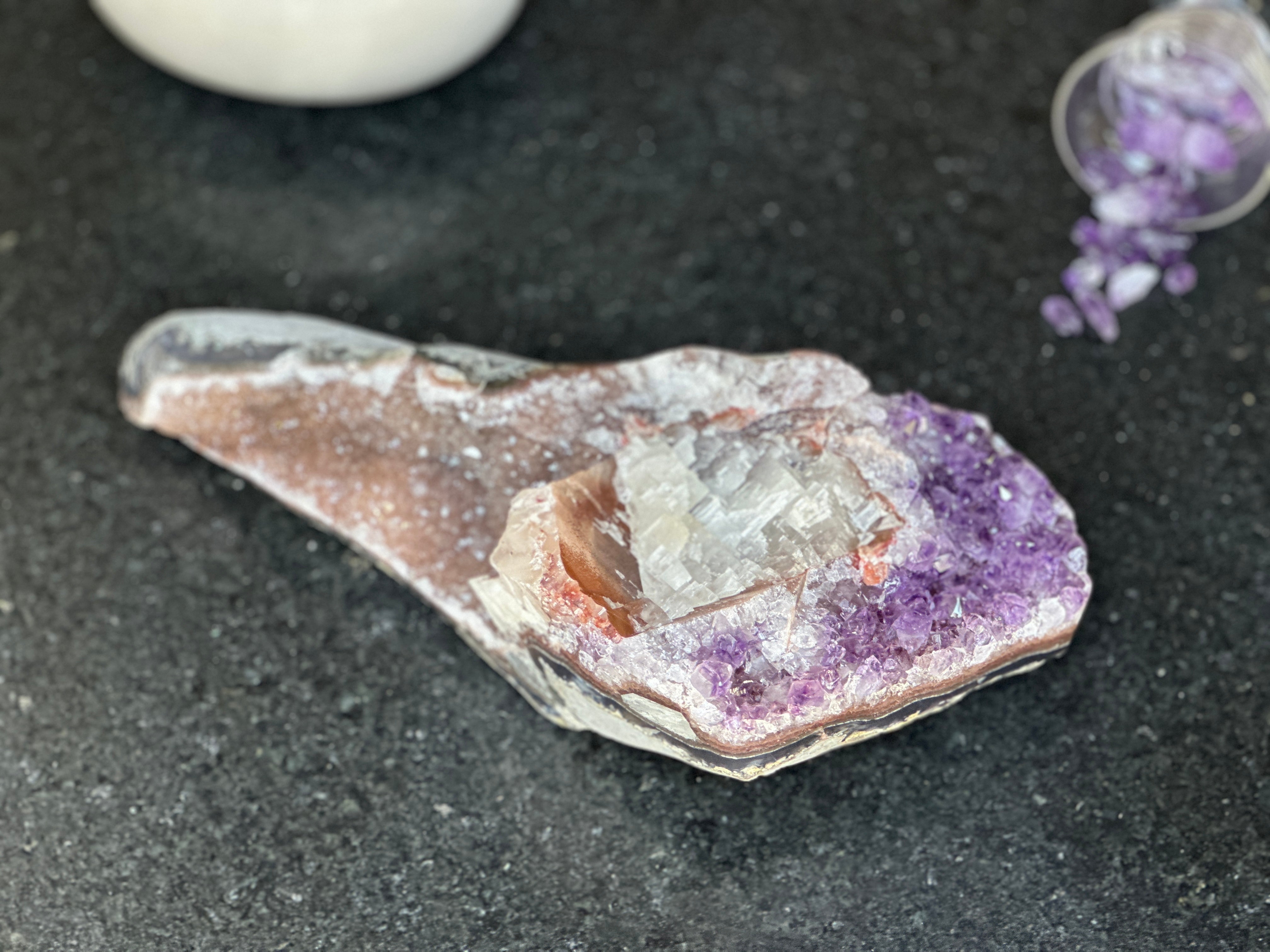 Amethsyt centerpiece, Unique shaped geode for tabletop decor, natural crystal stone with agate formations