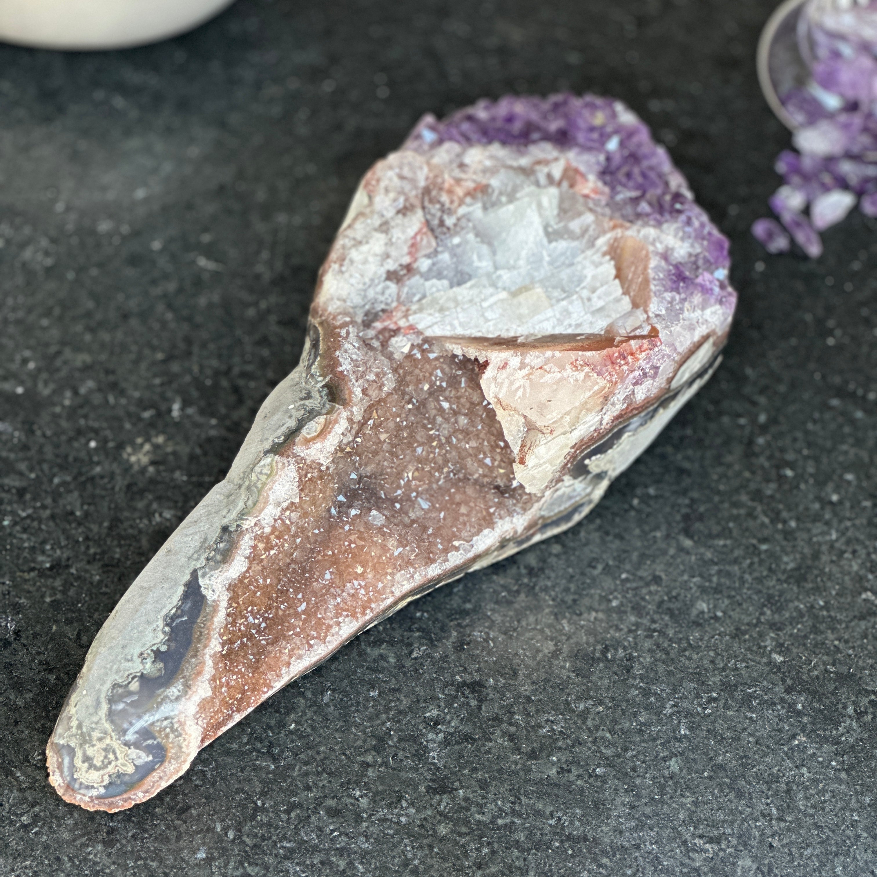 Amethsyt centerpiece, Unique shaped geode for tabletop decor, natural crystal stone with agate formations