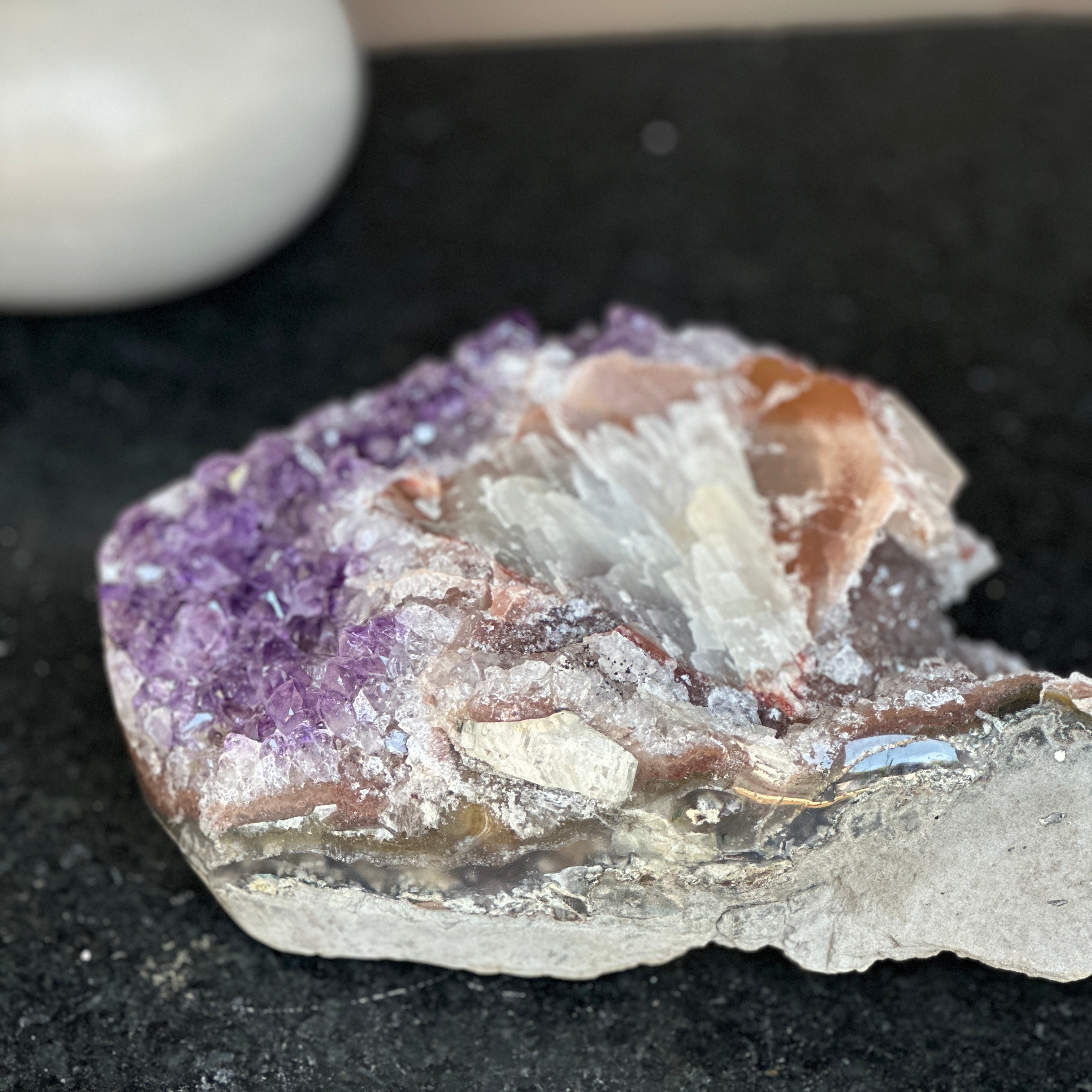 Amethsyt centerpiece, Unique shaped geode for tabletop decor, natural crystal stone with agate formations