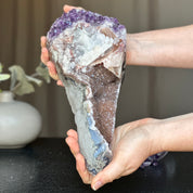 Amethsyt centerpiece, Unique shaped geode for tabletop decor, natural crystal stone with agate formations