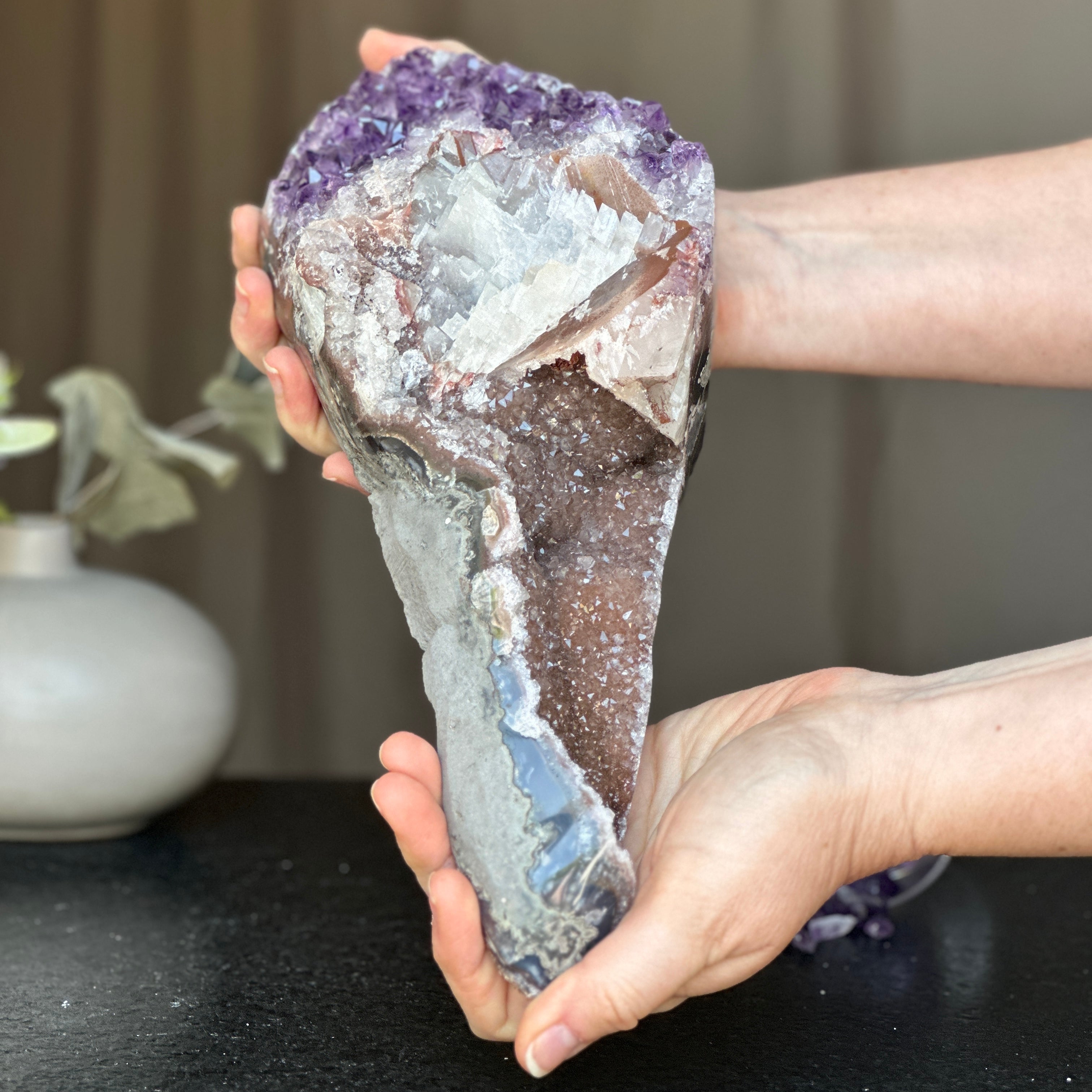 Amethsyt centerpiece, Unique shaped geode for tabletop decor, natural crystal stone with agate formations