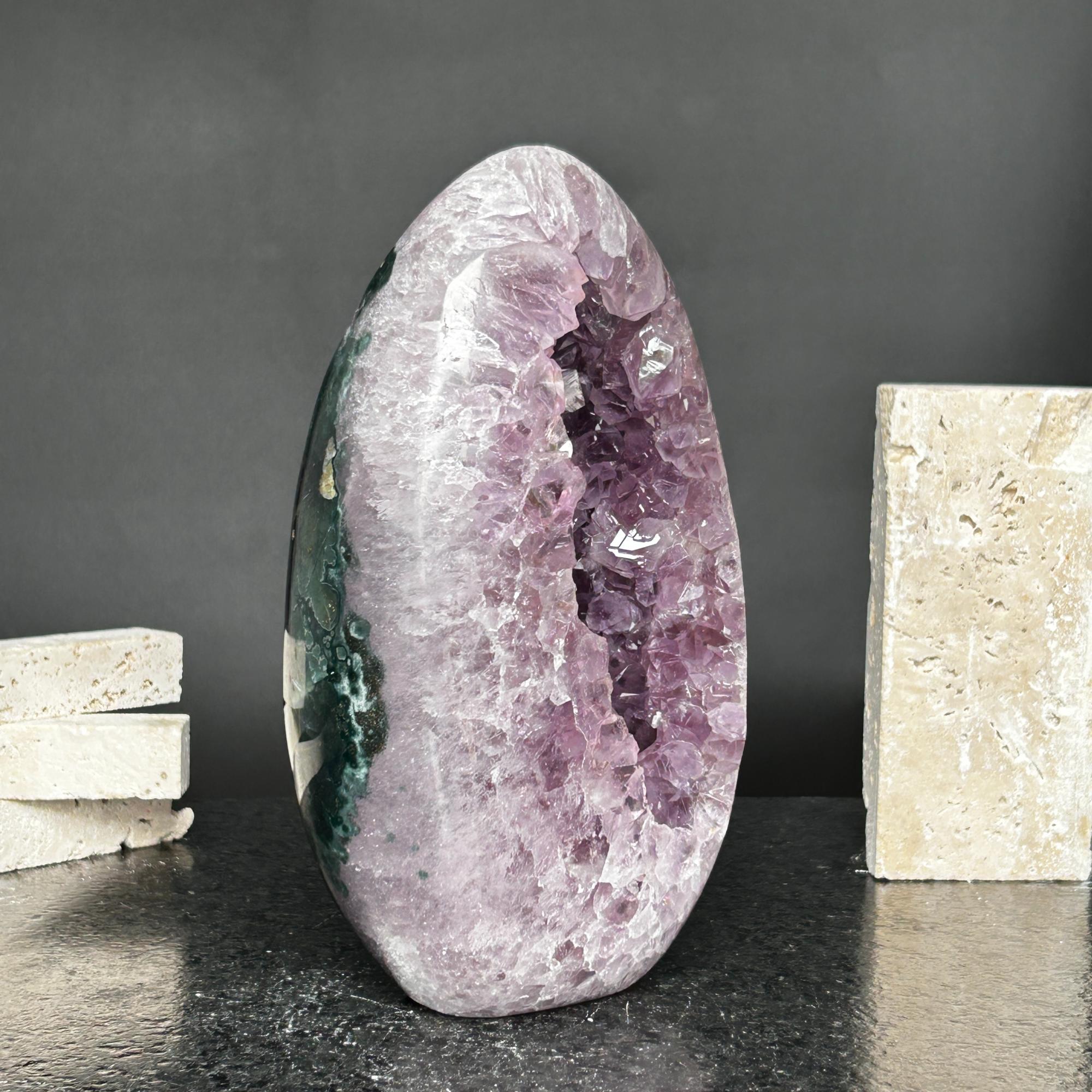 Amazing Agate and Amethyst Quartz Crystal Egg Cave, 8 in tall Extra Large Crystal Cave, Oval Shaped Stone Polished at edges