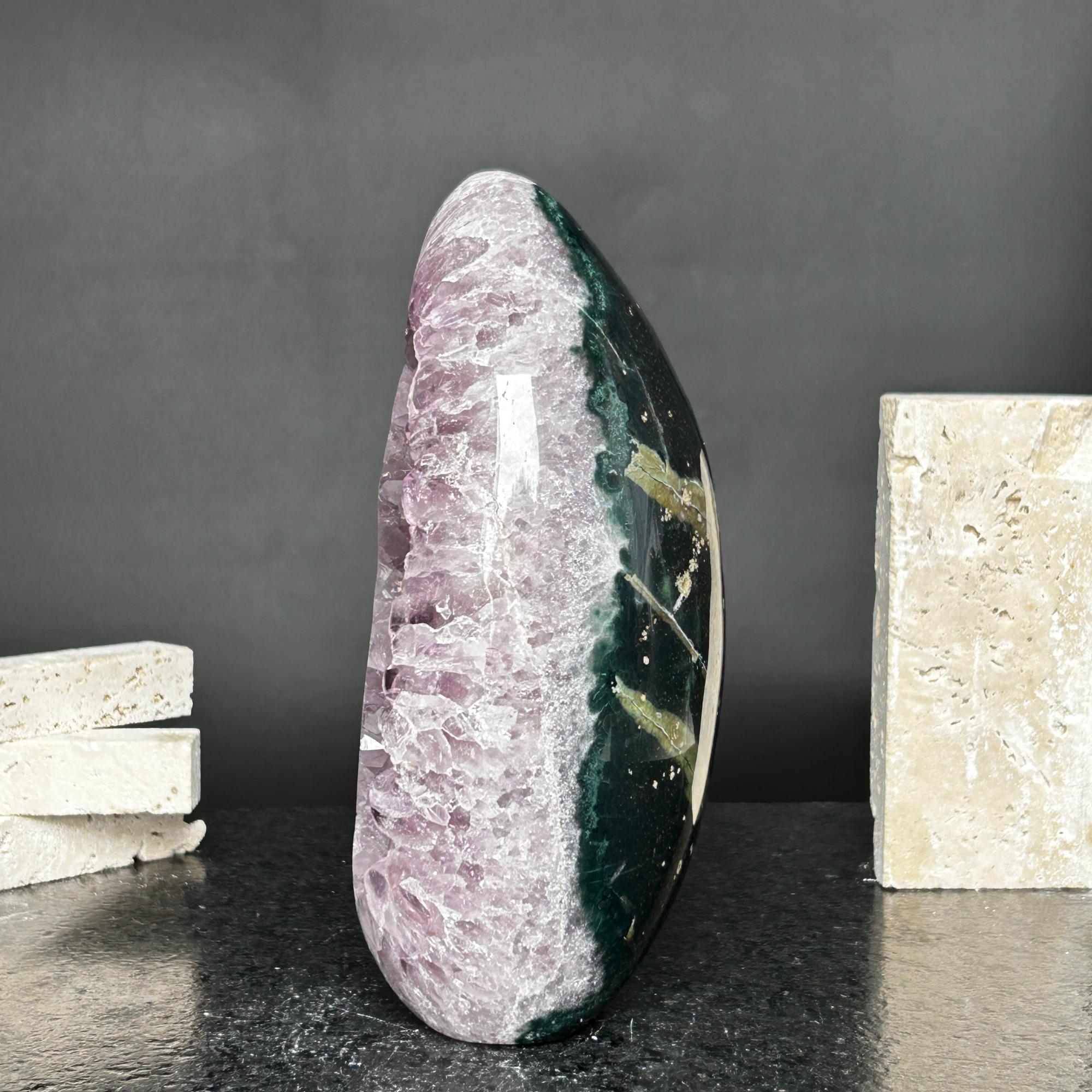 Amazing Agate and Amethyst Quartz Crystal Egg Cave, 8 in tall Extra Large Crystal Cave, Oval Shaped Stone Polished at edges