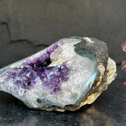 The largest Amethyst Geode Centerpiece, Extra Large decor piece, Outstanding Purple crystal with green agate details