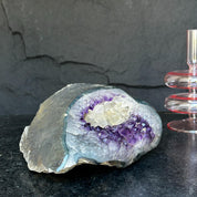 The largest Amethyst Geode Centerpiece, Extra Large decor piece, Outstanding Purple crystal with green agate details