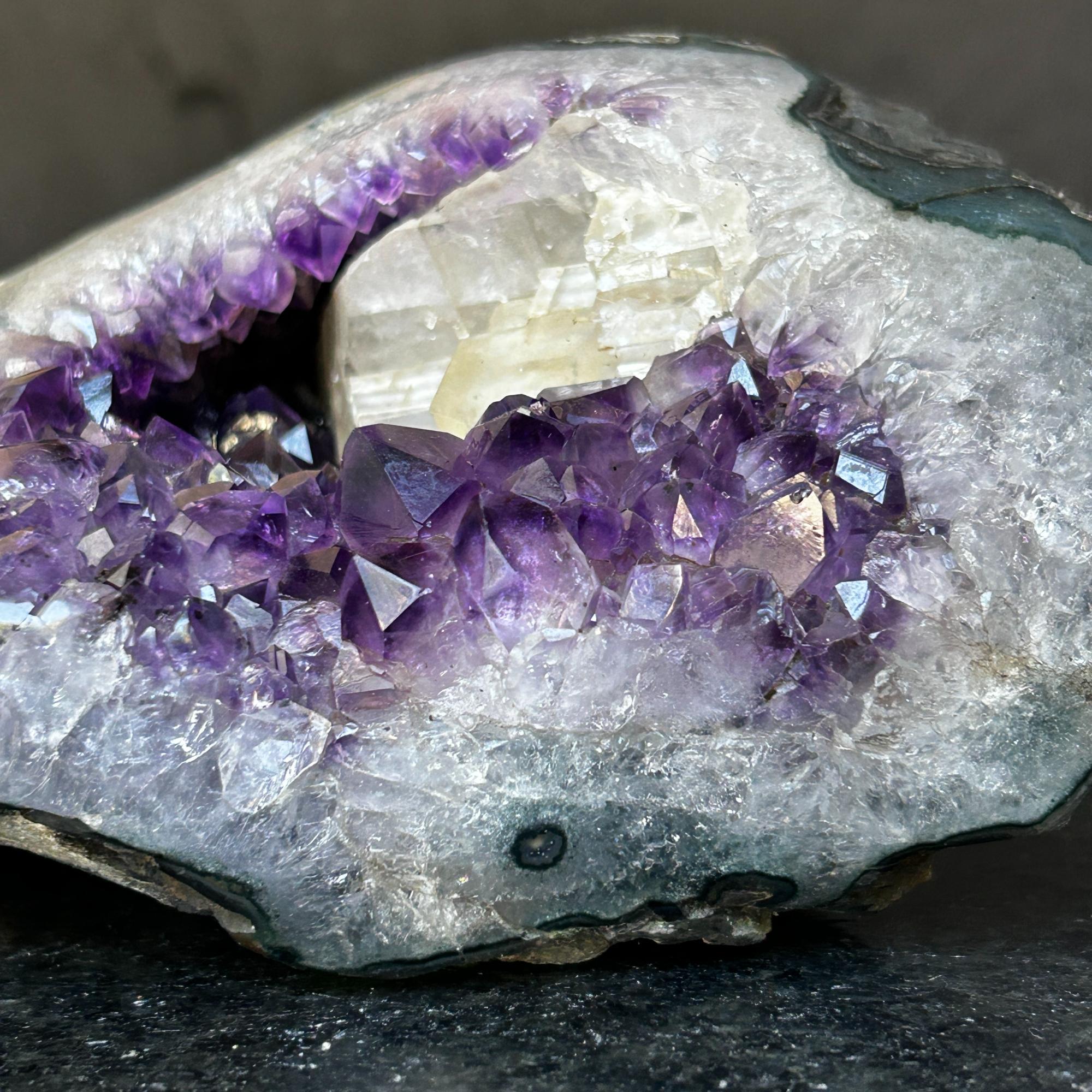 The largest Amethyst Geode Centerpiece, Extra Large decor piece, Outstanding Purple crystal with green agate details