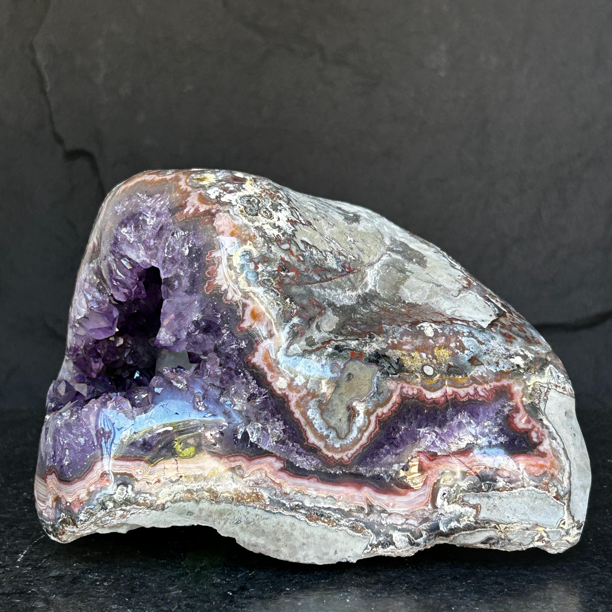 The largest Amethyst Geode Centerpiece, Extra Large decor piece, Outstanding Purple crystal with pink agate details and calcite