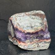The largest Amethyst Geode Centerpiece, Extra Large decor piece, Outstanding Purple crystal with pink agate details and calcite