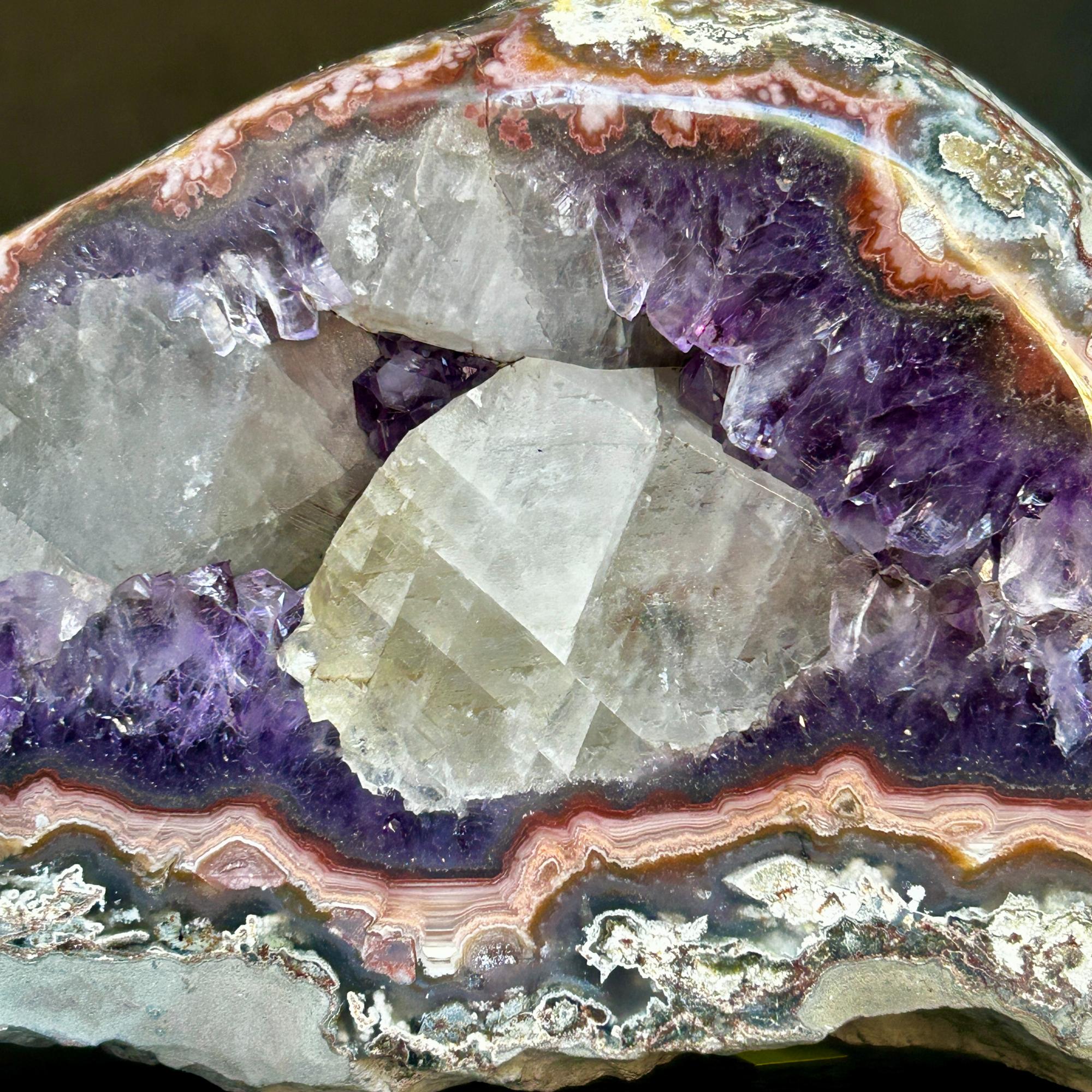 The largest Amethyst Geode Centerpiece, Extra Large decor piece, Outstanding Purple crystal with pink agate details and calcite