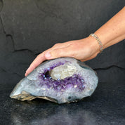 The largest Amethyst Geode Centerpiece, Extra Large decor piece, Outstanding Purple crystal with green agate details