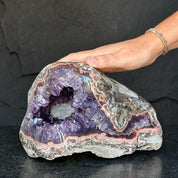 The largest Amethyst Geode Centerpiece, Extra Large decor piece, Outstanding Purple crystal with pink agate details and calcite