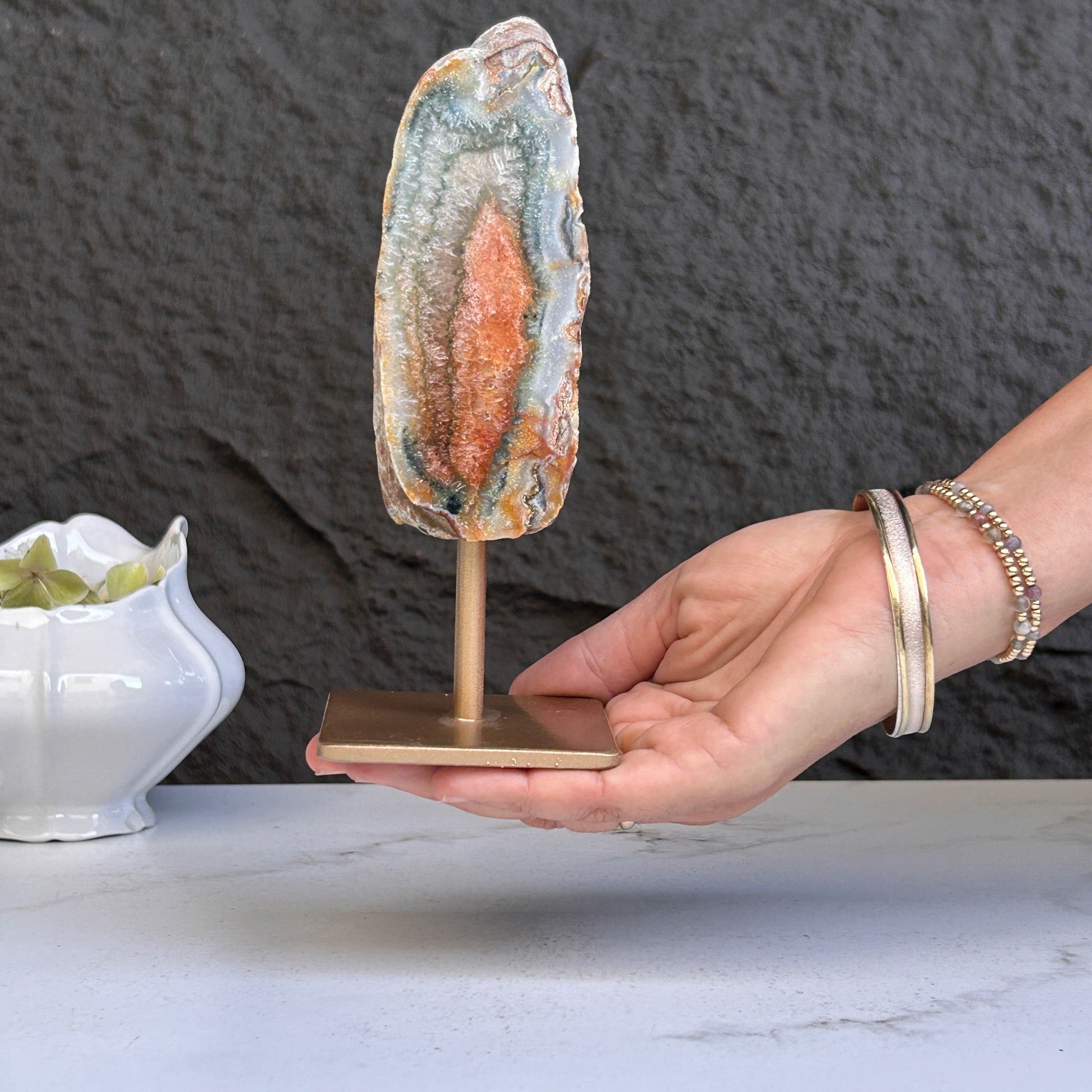 XL Natural Jasper with Metal Stand: Uruguay Crystal Cave, 7 inches gemstone