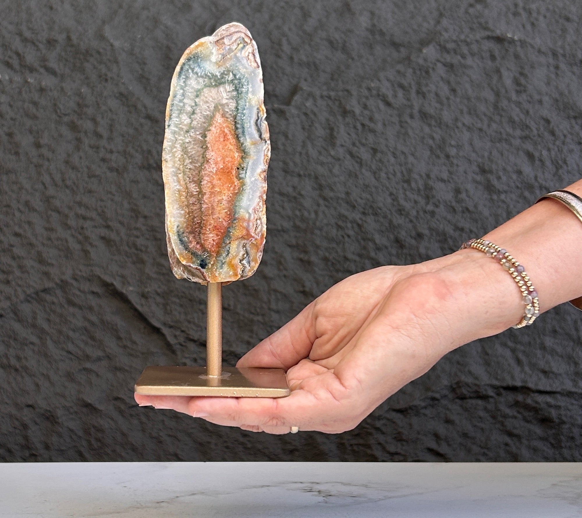 XL Natural Jasper with Metal Stand: Uruguay Crystal Cave, 7 inches gemstone