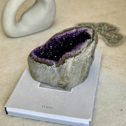 Amethyst Crystal Bowl with Agate formations, Natural Deep Purple Amethyst Flat Oval Shaped Cluster, Home Decor Crystal