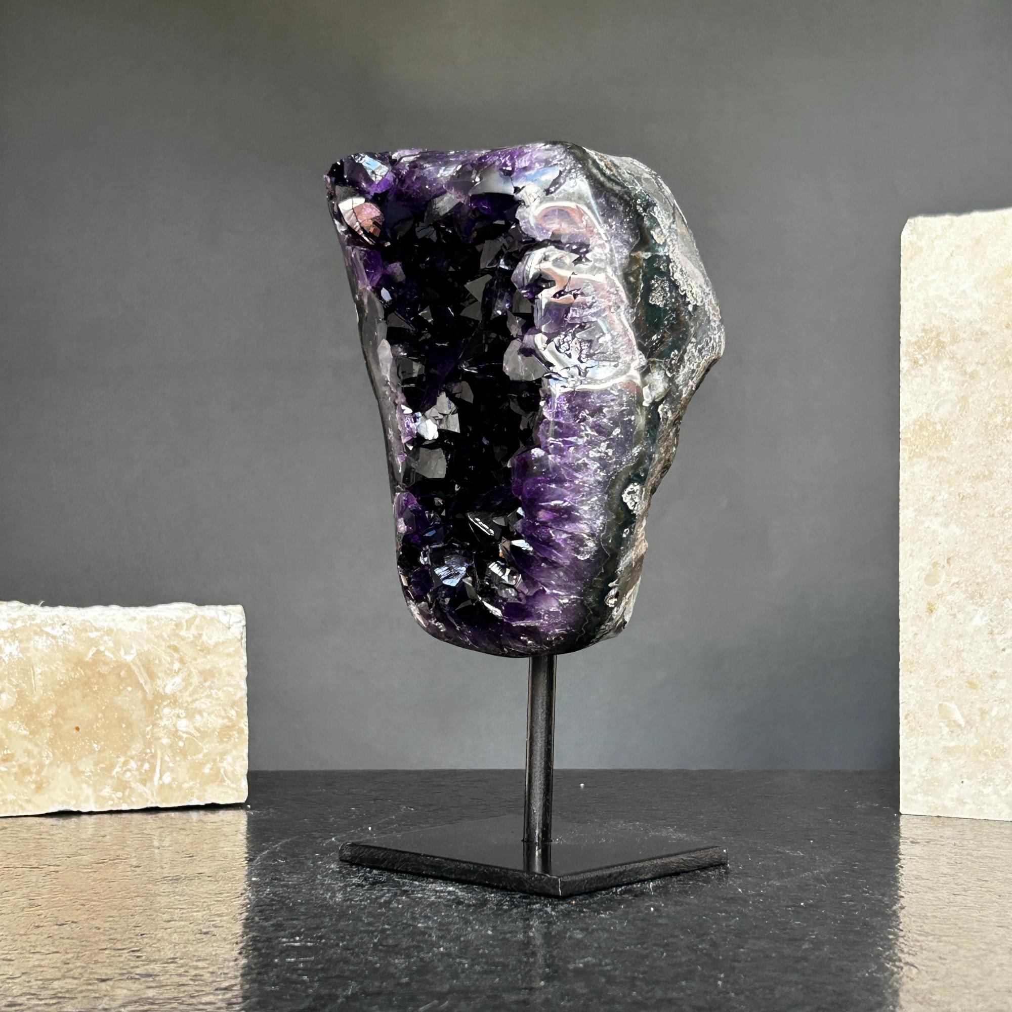 Natural Amethyst Crystal Geode, Purple Amethyst Crystal on Stand, Metallic Stand Included