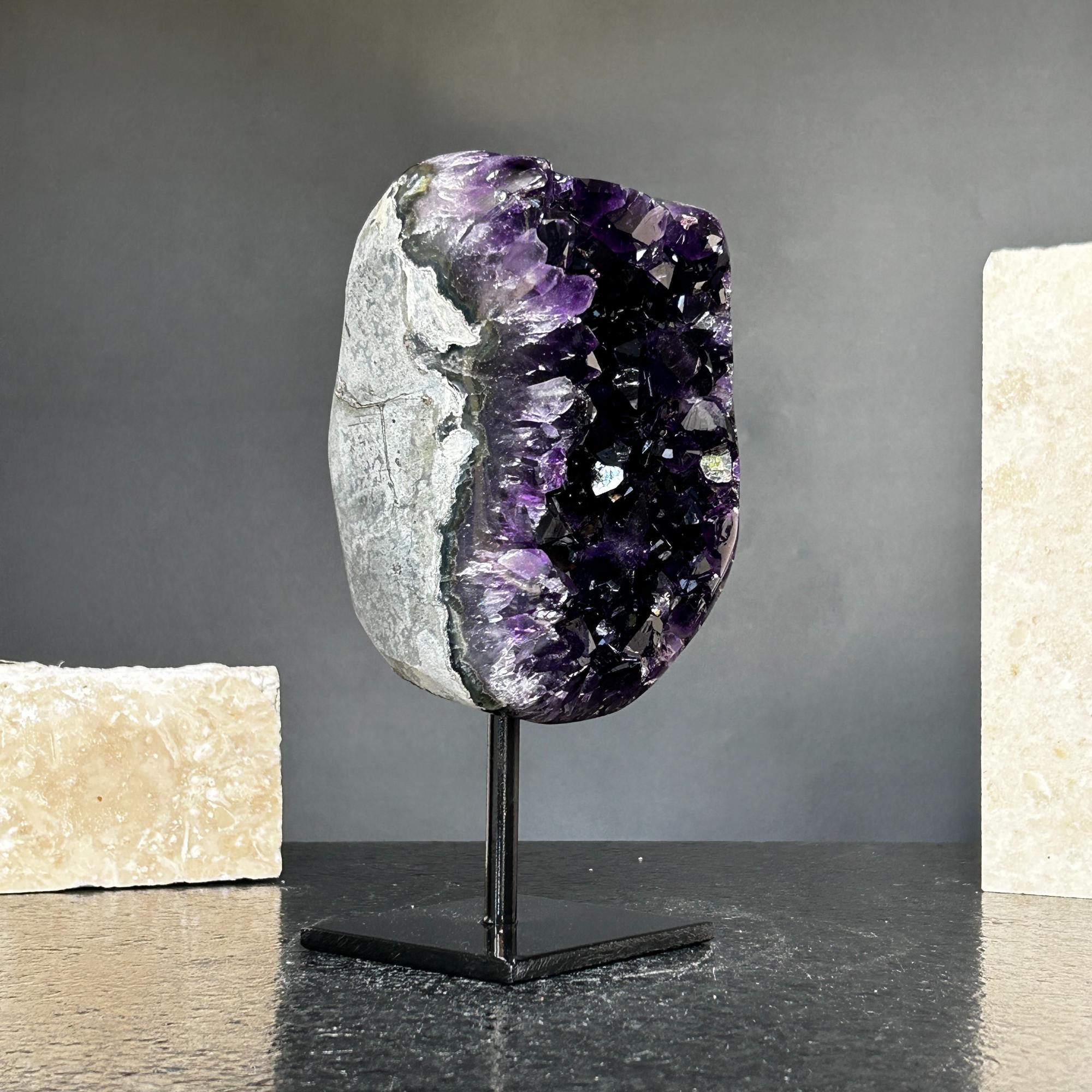 Natural Amethyst Crystal Geode, Purple Amethyst Crystal on Stand, Metallic Stand Included