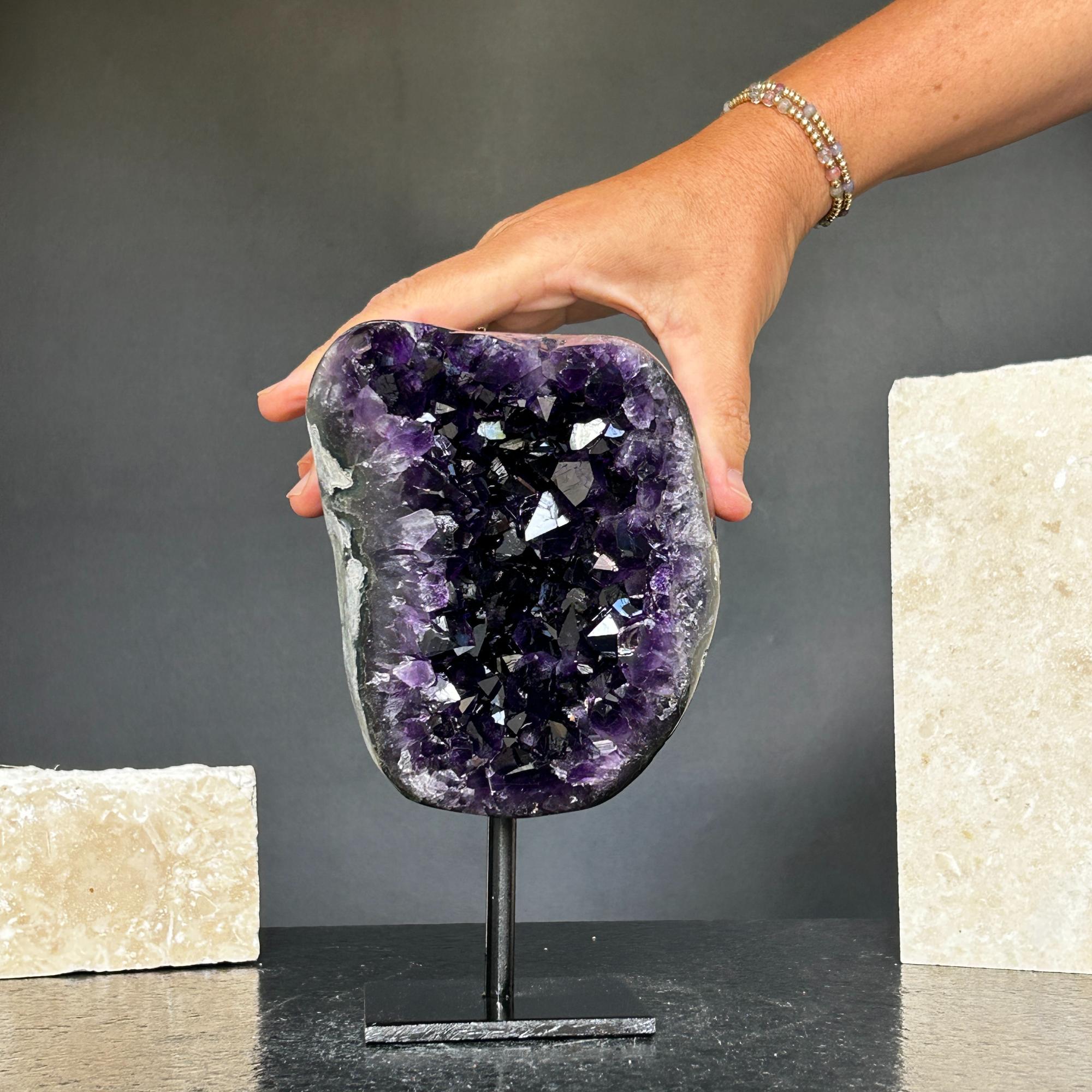 Natural Amethyst Crystal Geode, Purple Amethyst Crystal on Stand, Metallic Stand Included