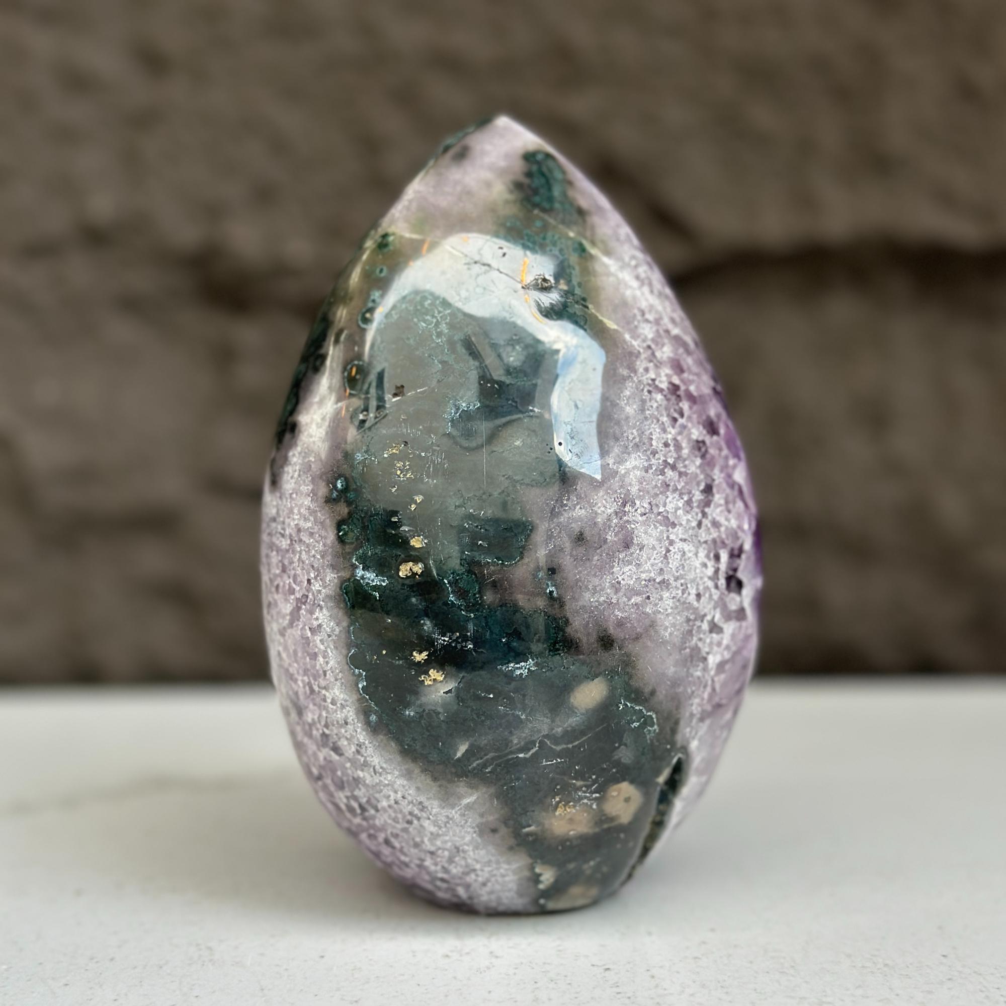 Amethyst Geode Crystal Egg with incredible Agate formations, Natural cave shaped polished agate stone