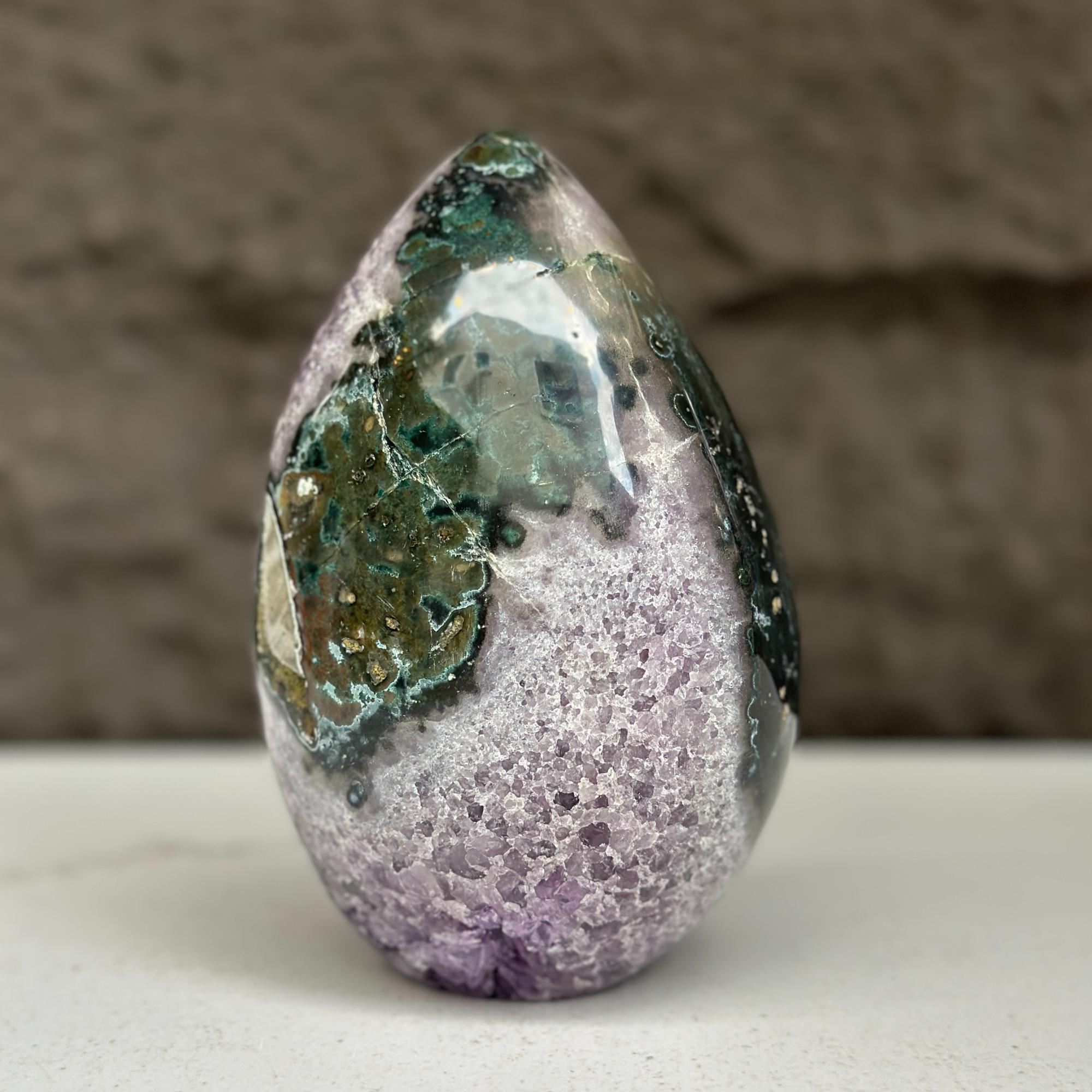 Amethyst Geode Crystal Egg with incredible Agate formations, Natural cave shaped polished agate stone