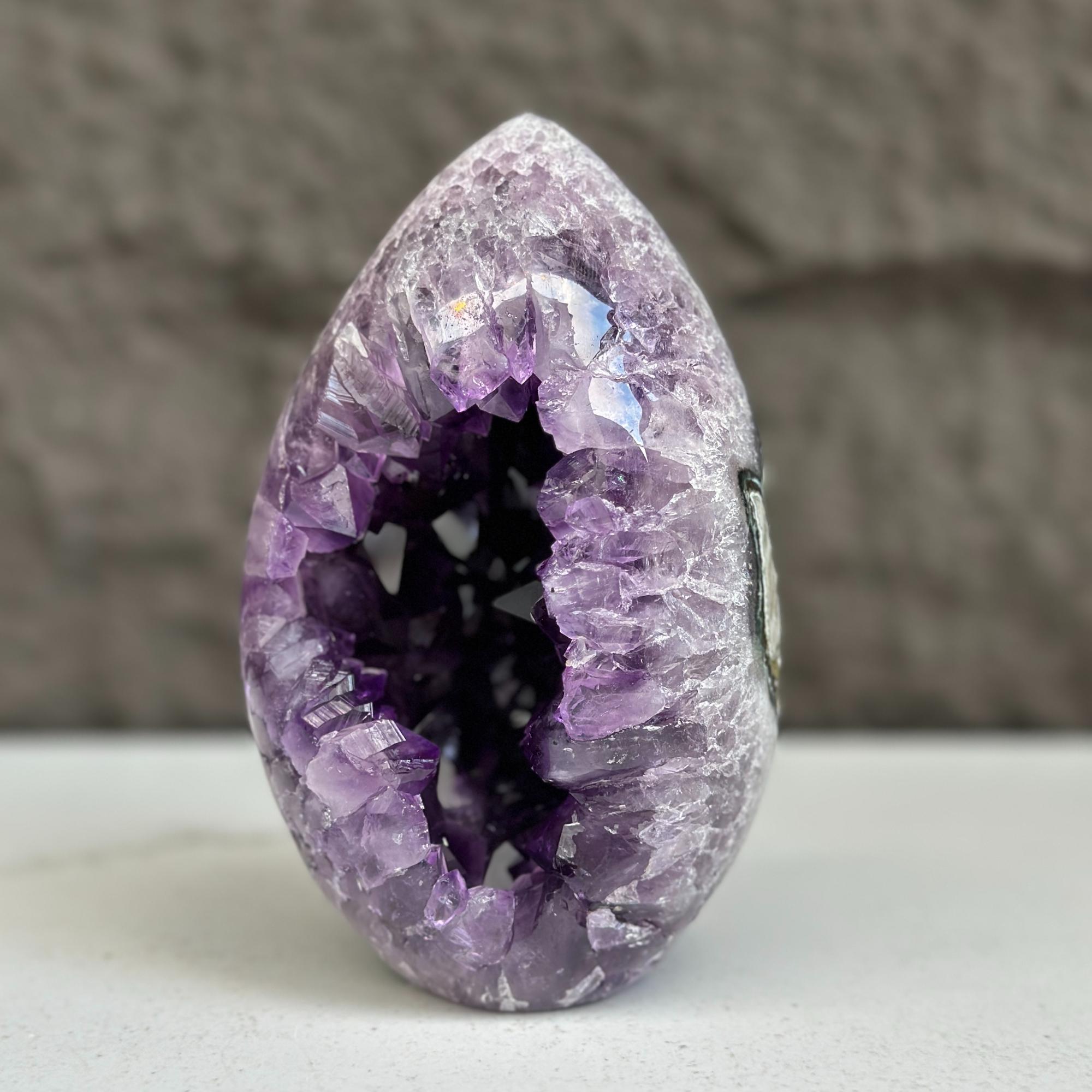 Amethyst Geode Crystal Egg with incredible Agate formations, Natural cave shaped polished agate stone