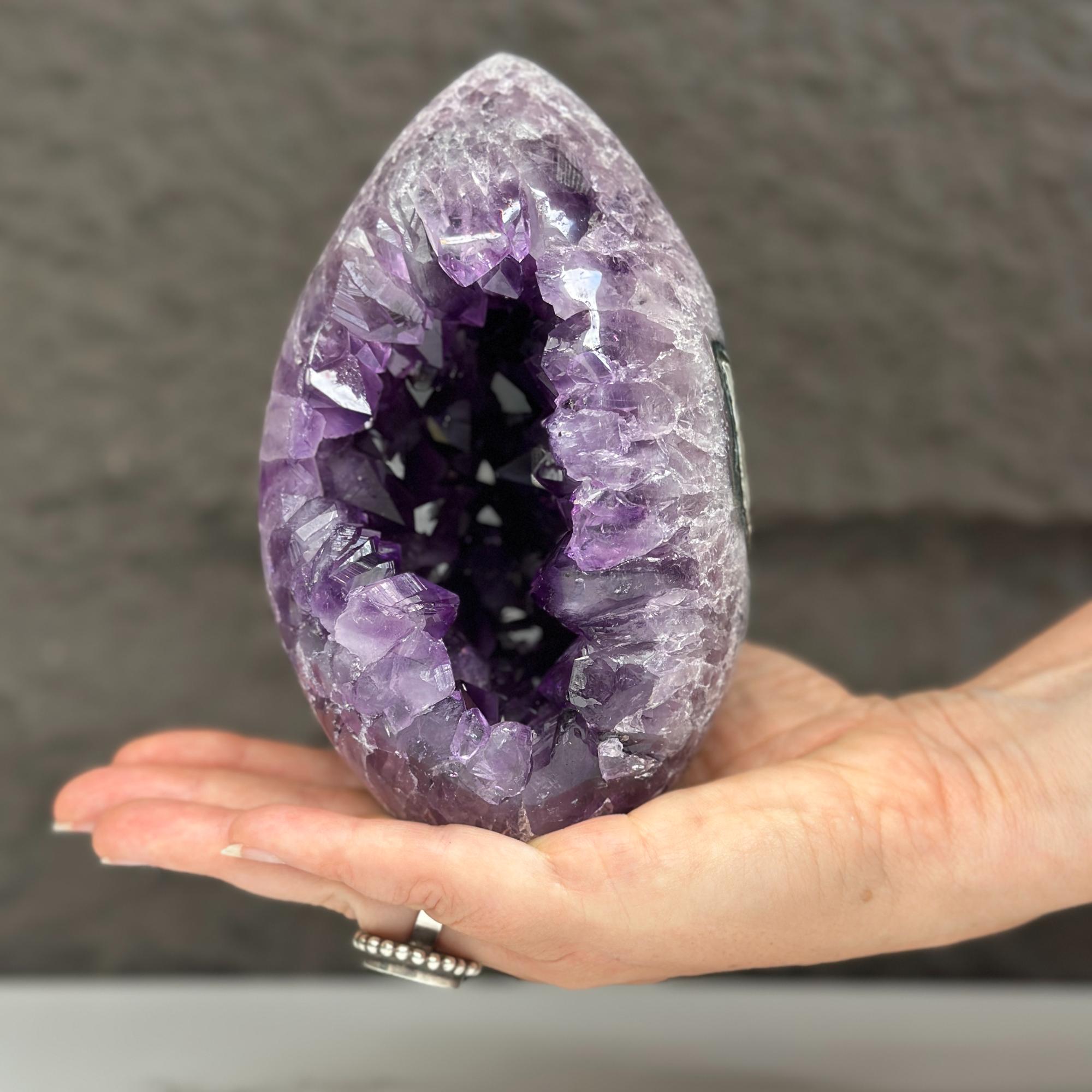 Amethyst Geode Crystal Egg with incredible Agate formations, Natural cave shaped polished agate stone