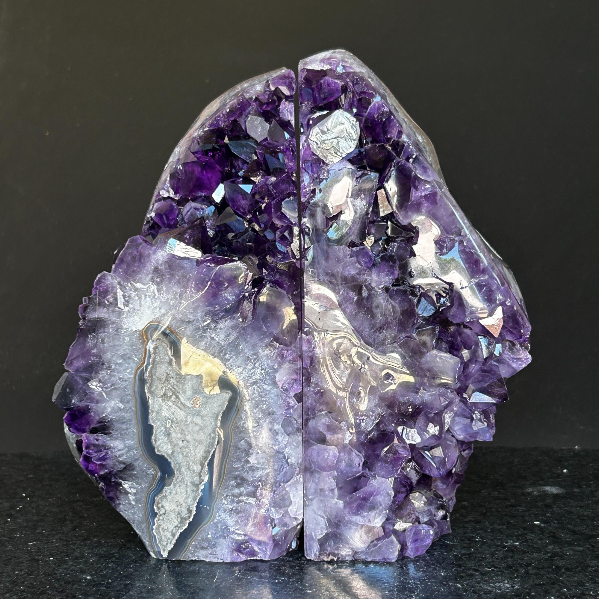 Amethyst bookends, One of a kind set of amethyst and agate geode crystals