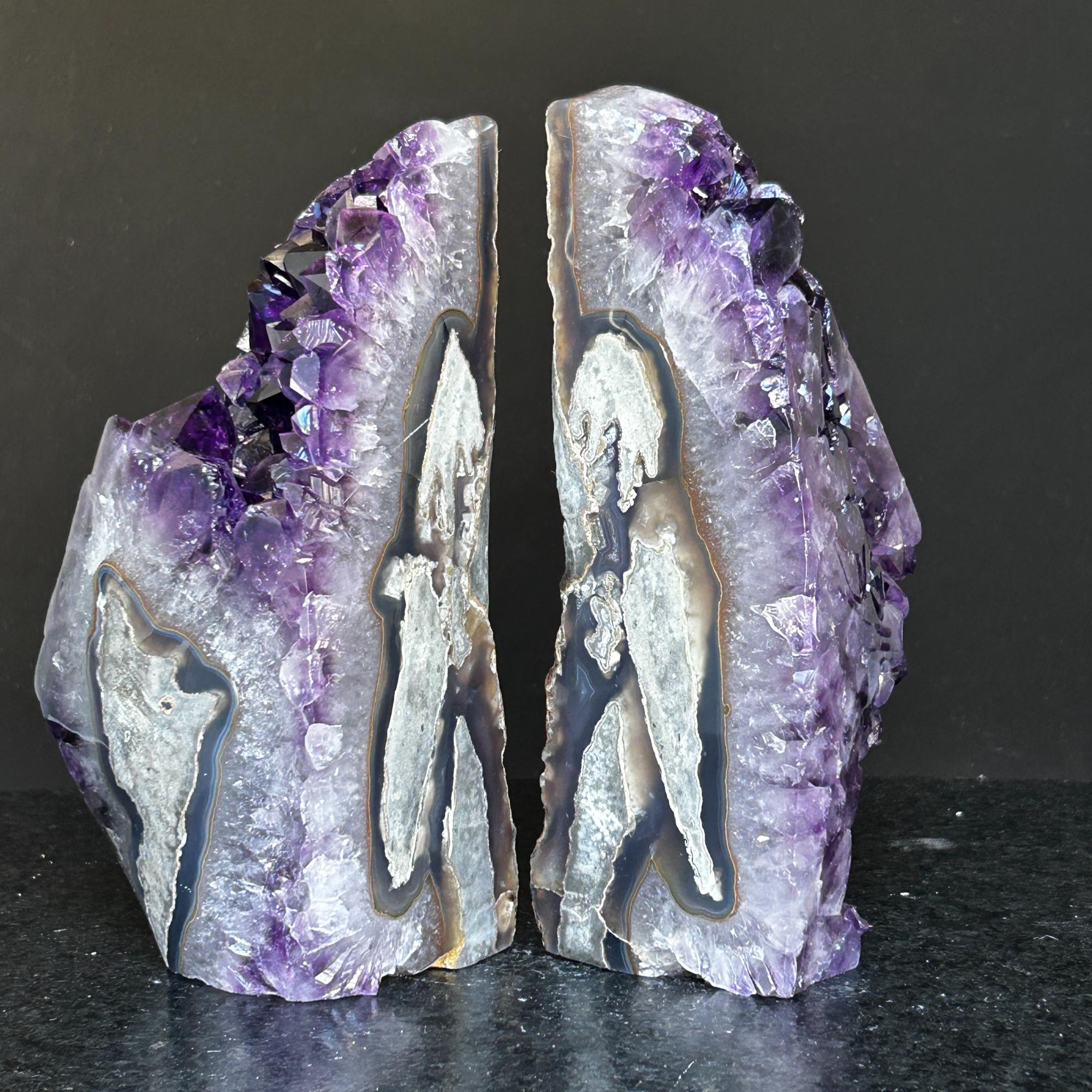 Amethyst bookends, One of a kind set of amethyst and agate geode crystals