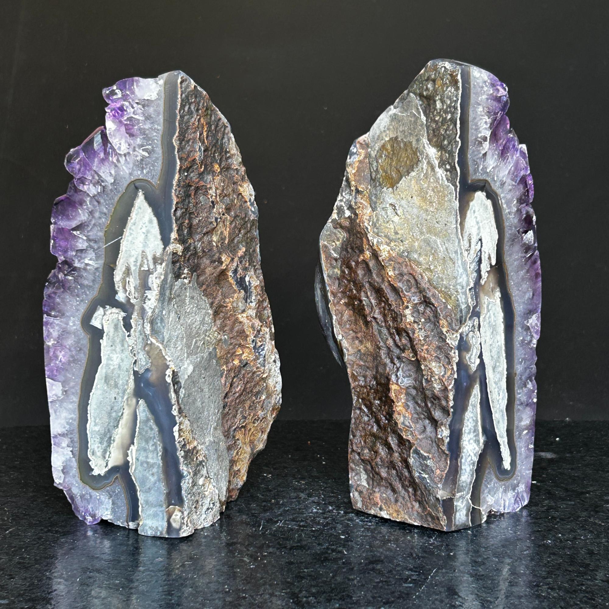 Amethyst bookends, One of a kind set of amethyst and agate geode crystals