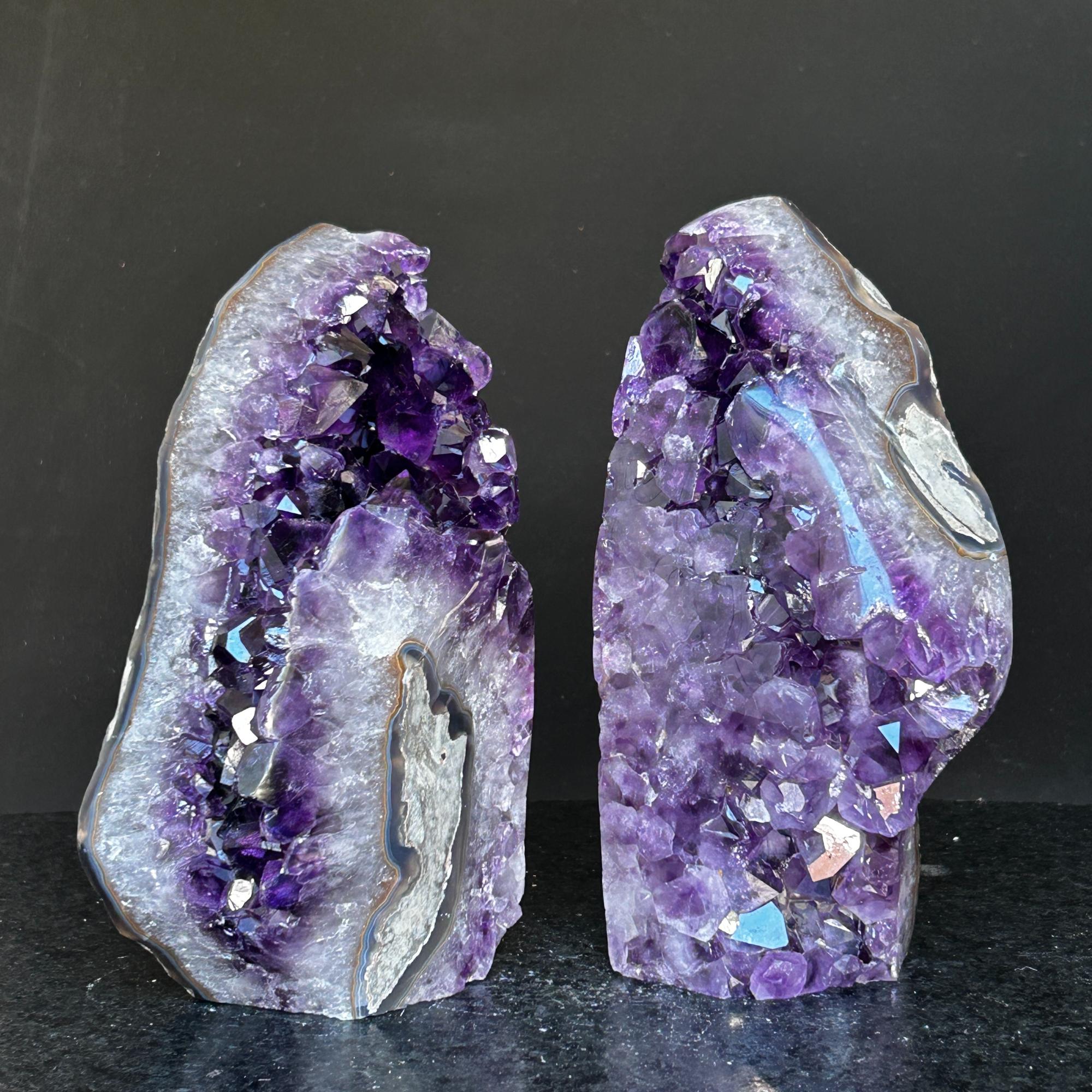 Amethyst bookends, One of a kind set of amethyst and agate geode crystals