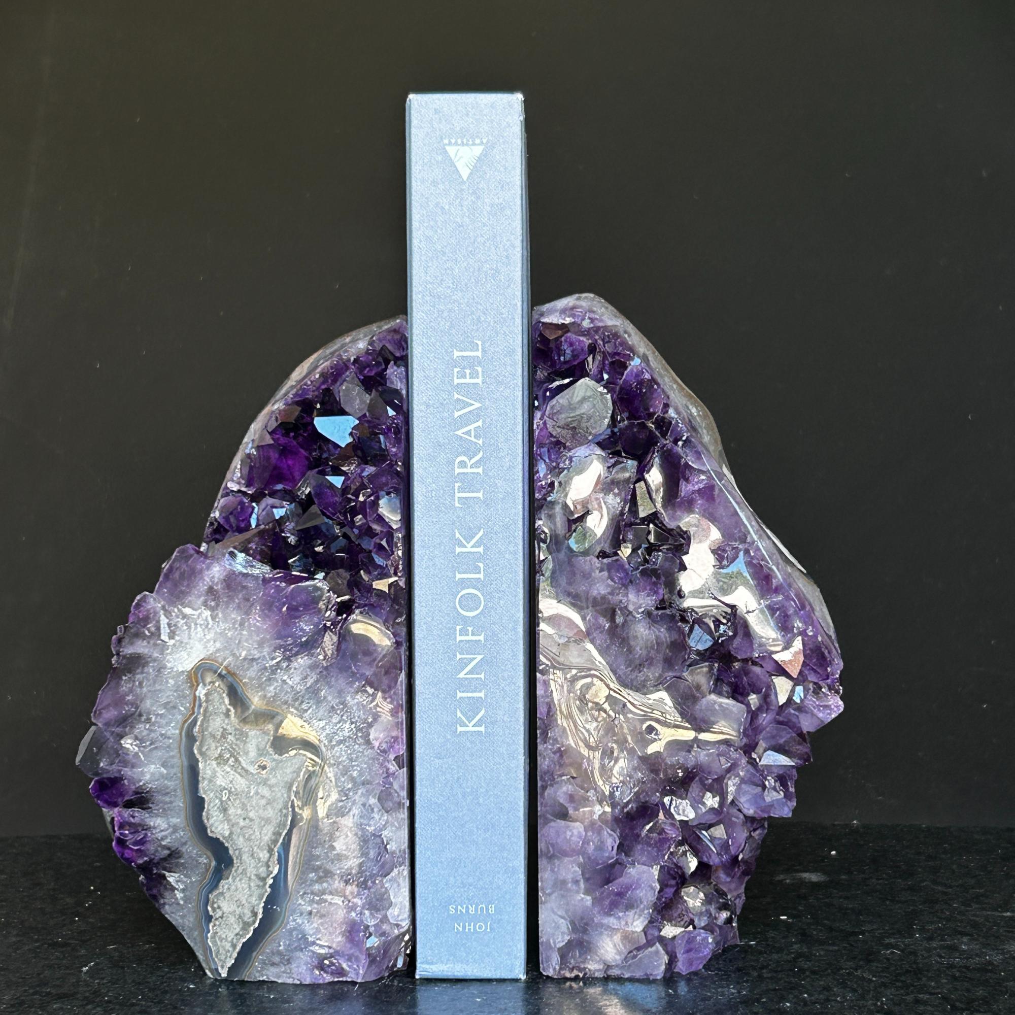 Amethyst bookends, One of a kind set of amethyst and agate geode crystals
