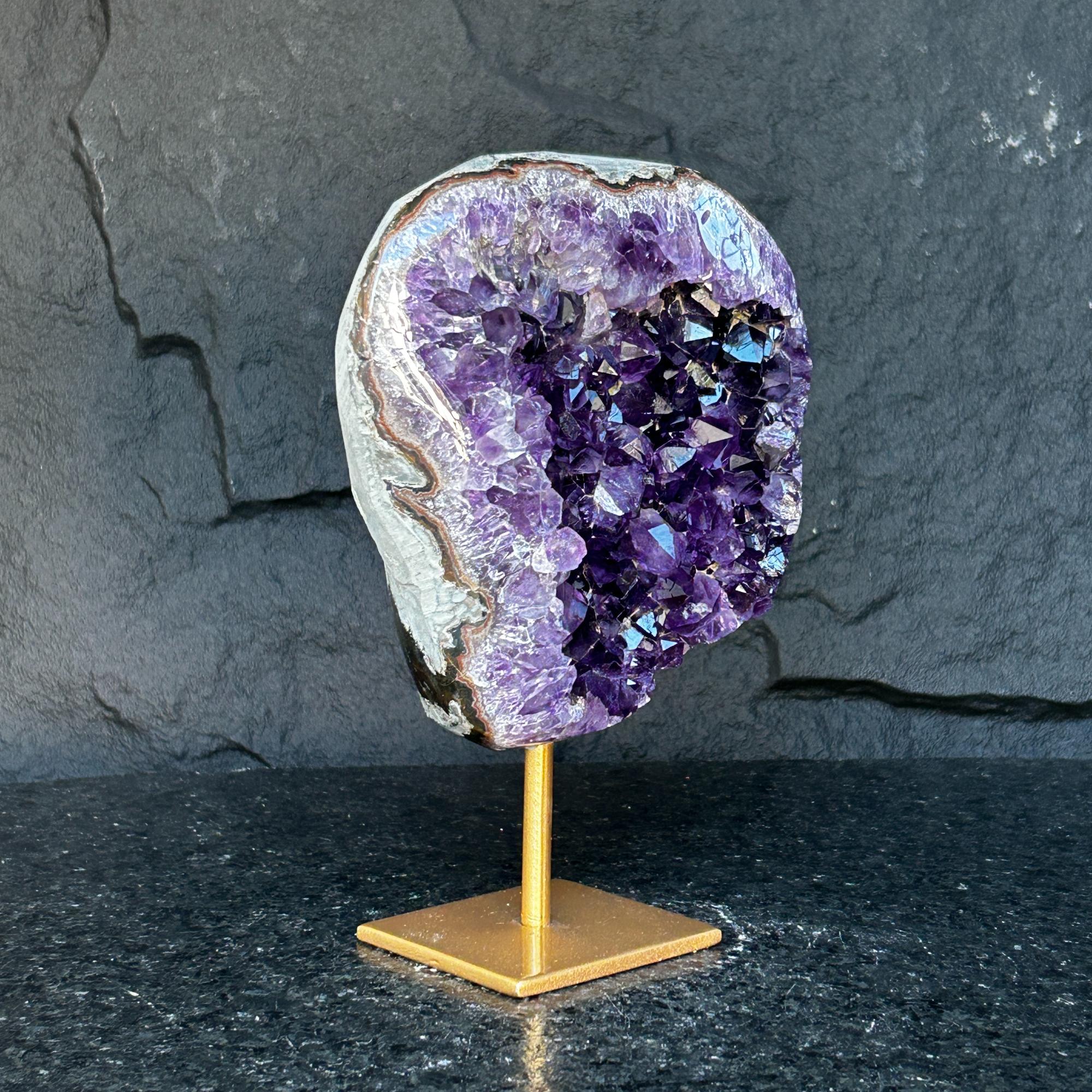 Large Amethyst Geode Crystal, Deep Purple Amethyst on modern gold stand