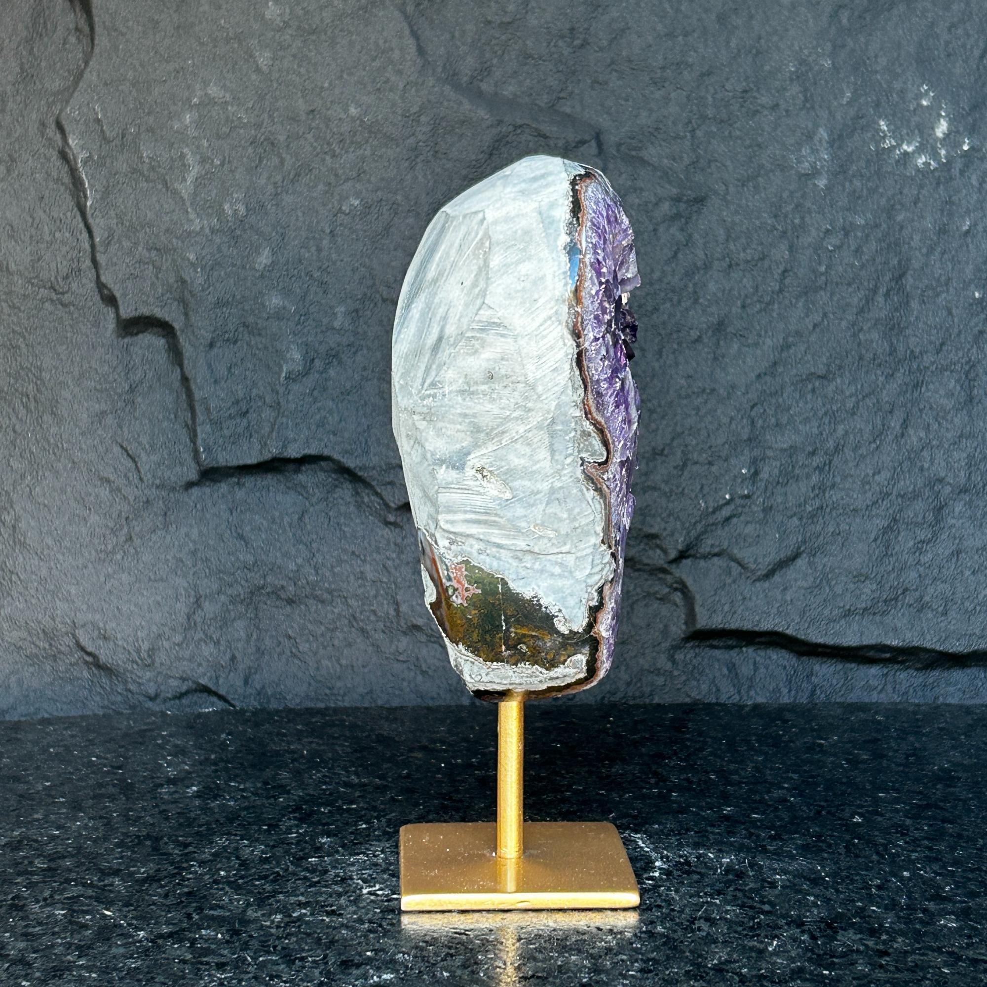 Large Amethyst Geode Crystal, Deep Purple Amethyst on modern gold stand