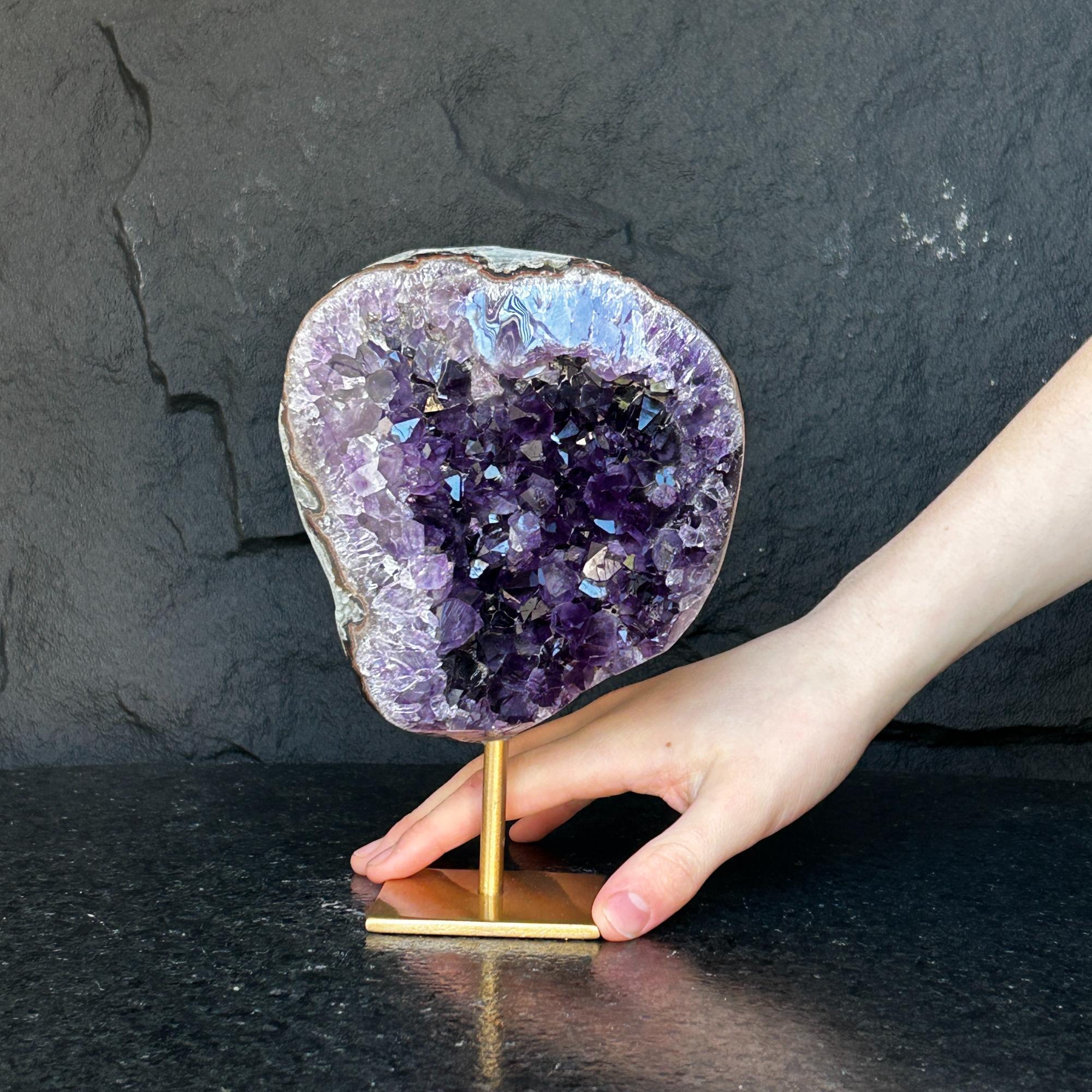 Large Amethyst Geode Crystal, Deep Purple Amethyst on modern gold stand