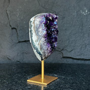 Large Amethyst Geode Crystal, Deep Purple Amethyst on modern gold stand