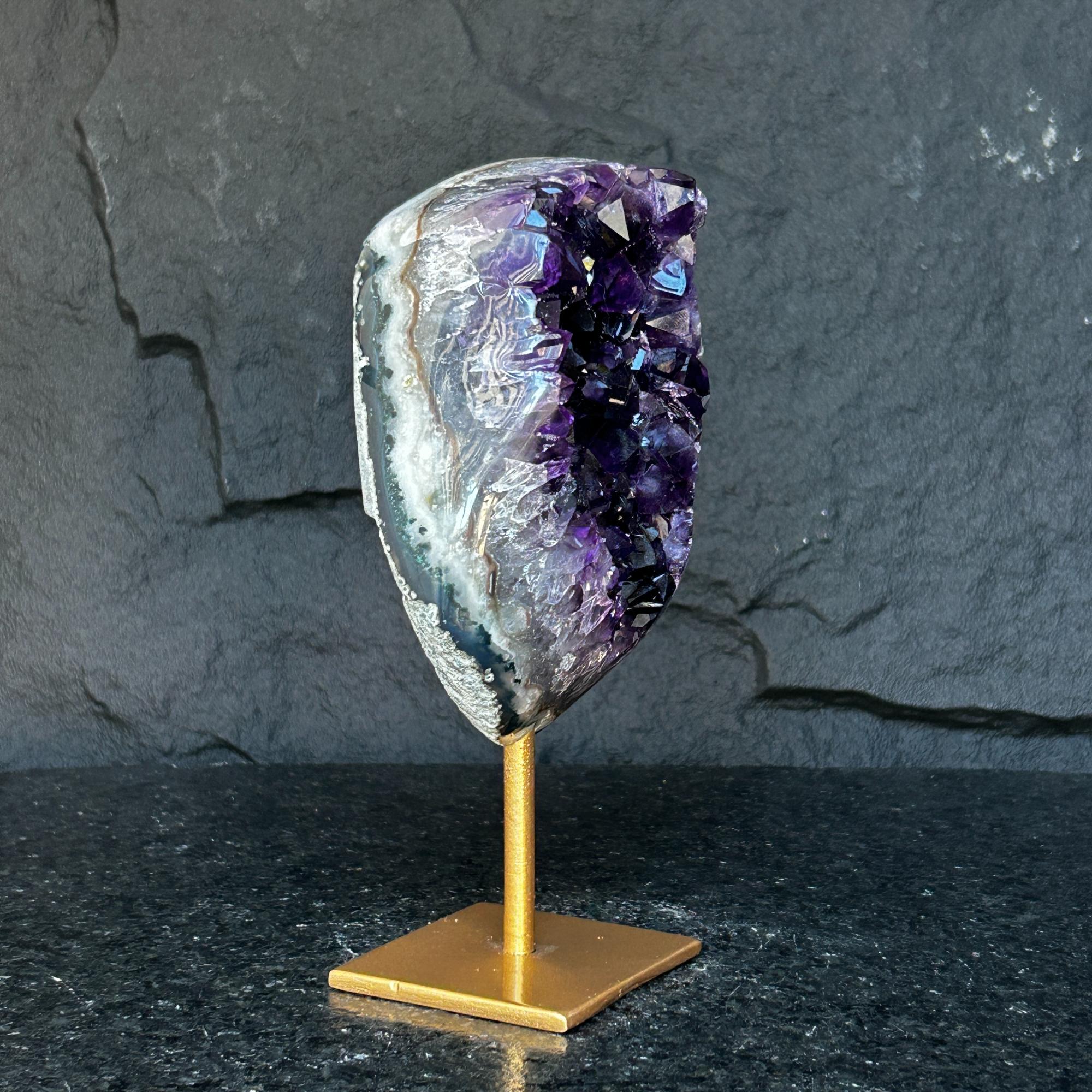 Large Amethyst Geode Crystal, Deep Purple Amethyst on modern gold stand
