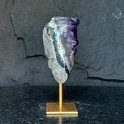 Large Amethyst Geode Crystal, Deep Purple Amethyst on modern gold stand
