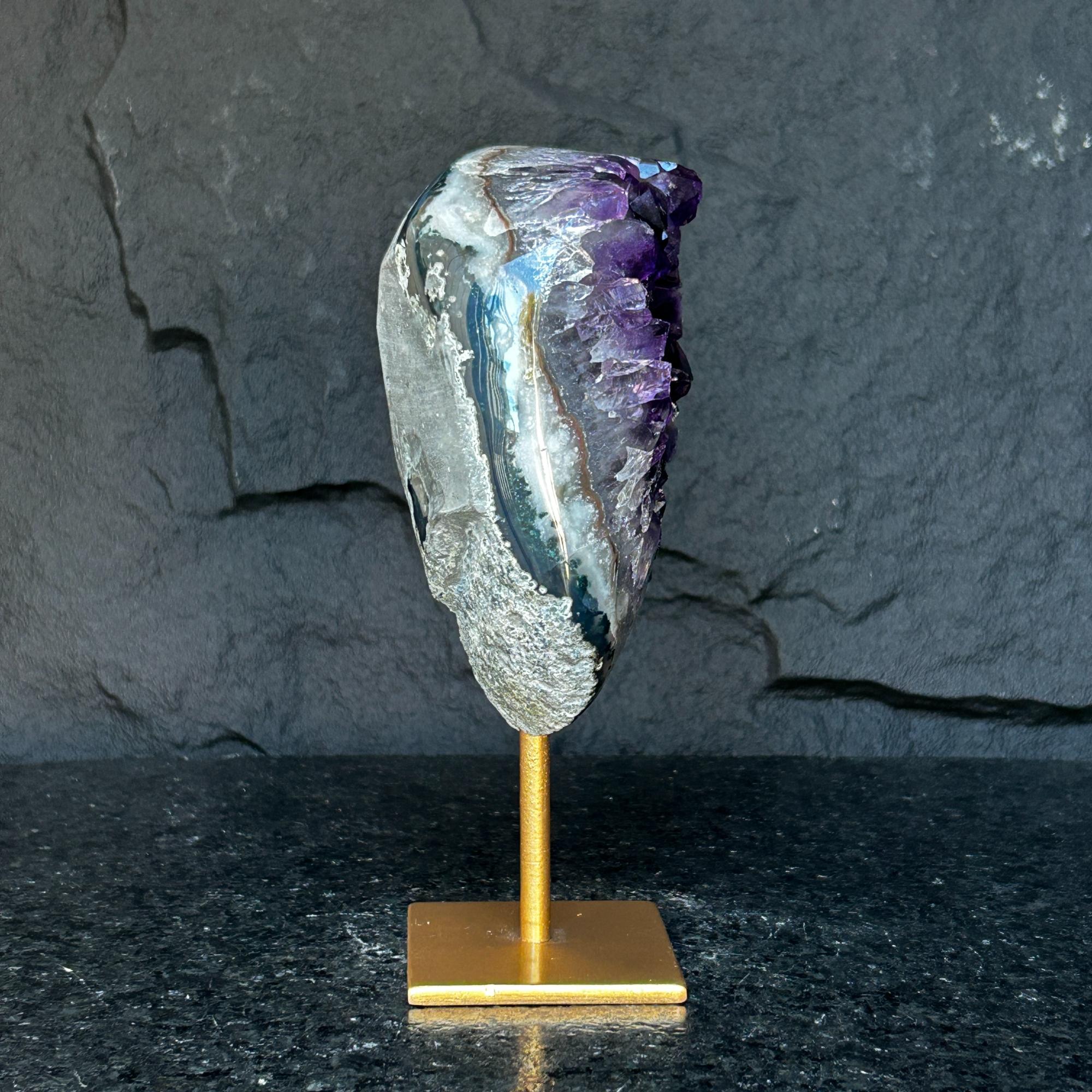 Large Amethyst Geode Crystal, Deep Purple Amethyst on modern gold stand