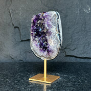 Large Amethyst Geode Crystal, Deep Purple Amethyst on modern gold stand